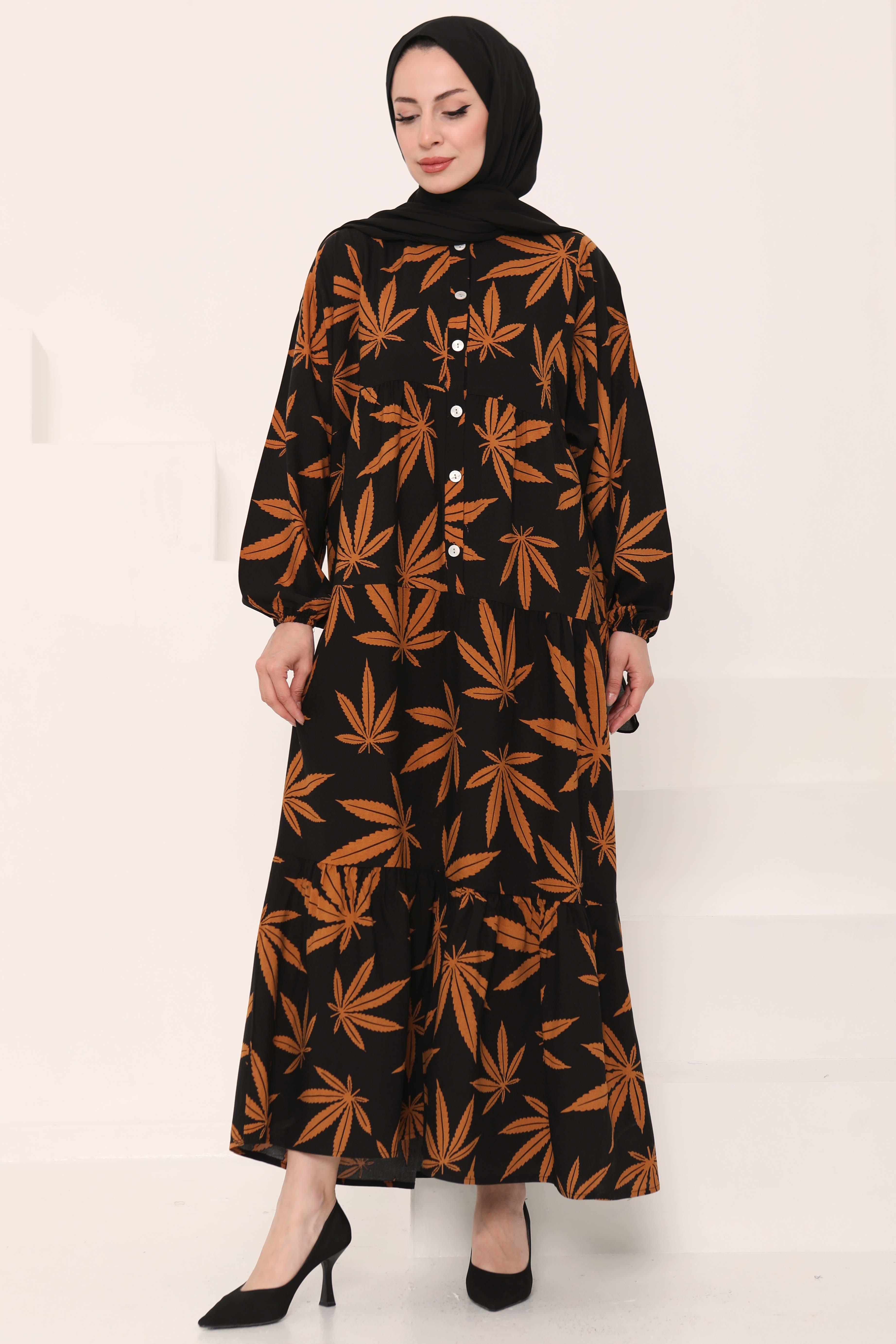Desenli Düğmeli Elbise Siyah - 27038 - 5