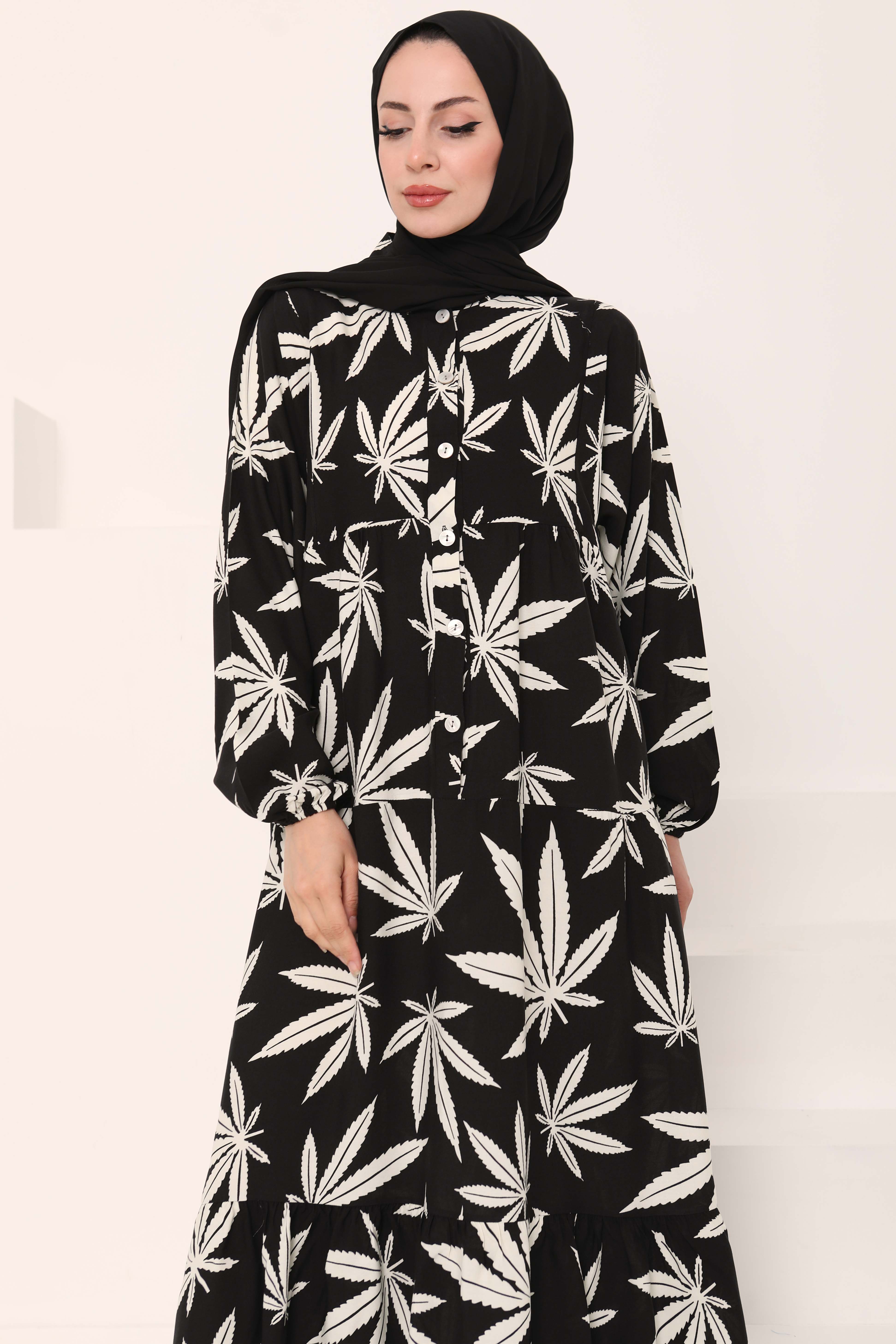 Desenli Düğmeli Elbise Siyah - 27038 - 6