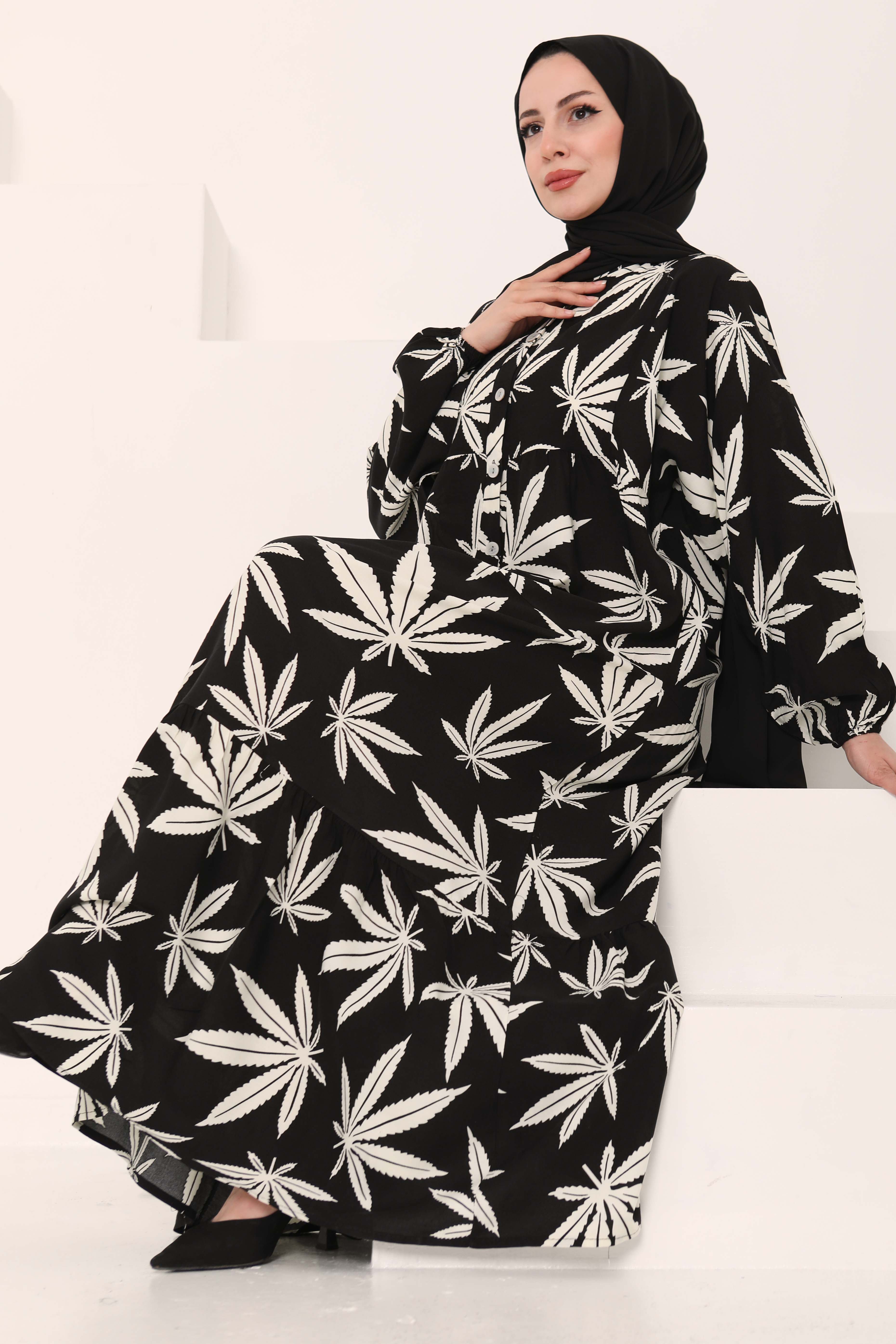 Desenli Düğmeli Elbise Siyah - 27038 - 8