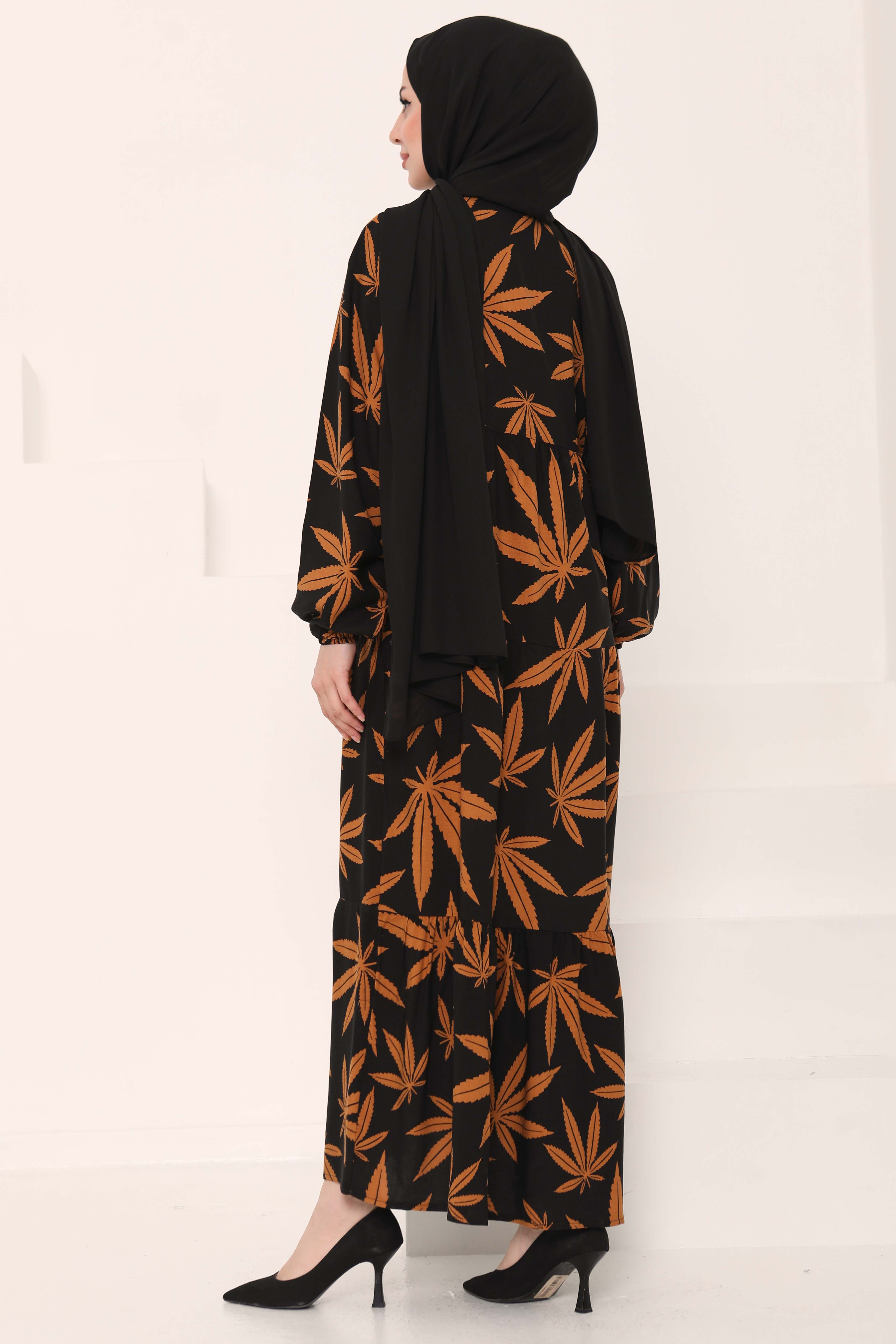 Desenli Düğmeli Elbise Siyah - 27038 - 9