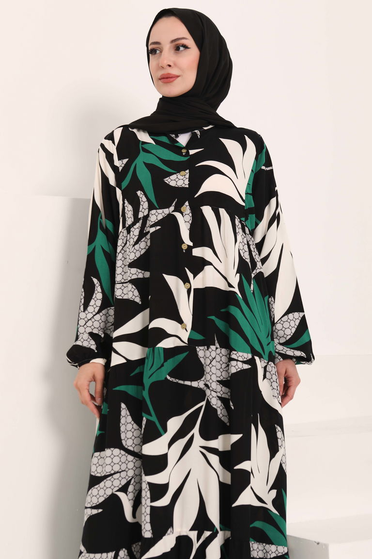 Desenli Düğmeli Elbise Siyah - 27041 - TOFİSA