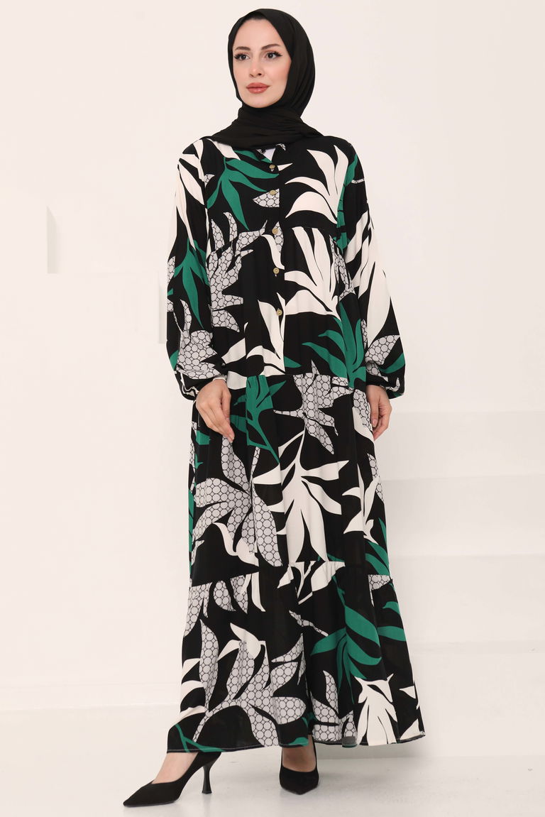Desenli Düğmeli Elbise Siyah - 27041 - TOFİSA