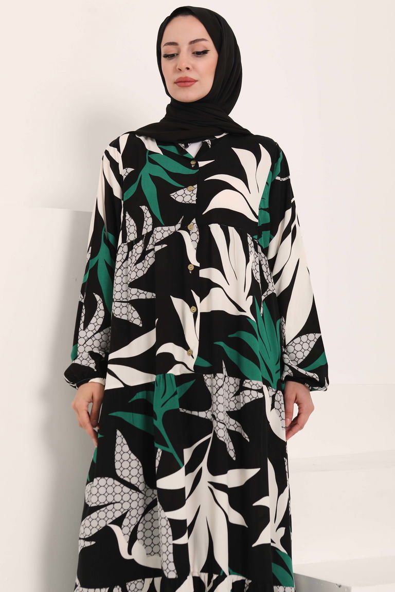 Desenli Düğmeli Elbise Siyah - 27041 - TOFİSA
