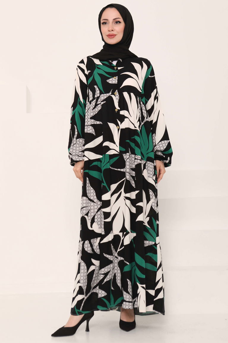 Desenli Düğmeli Elbise Siyah - 27041 - TOFİSA