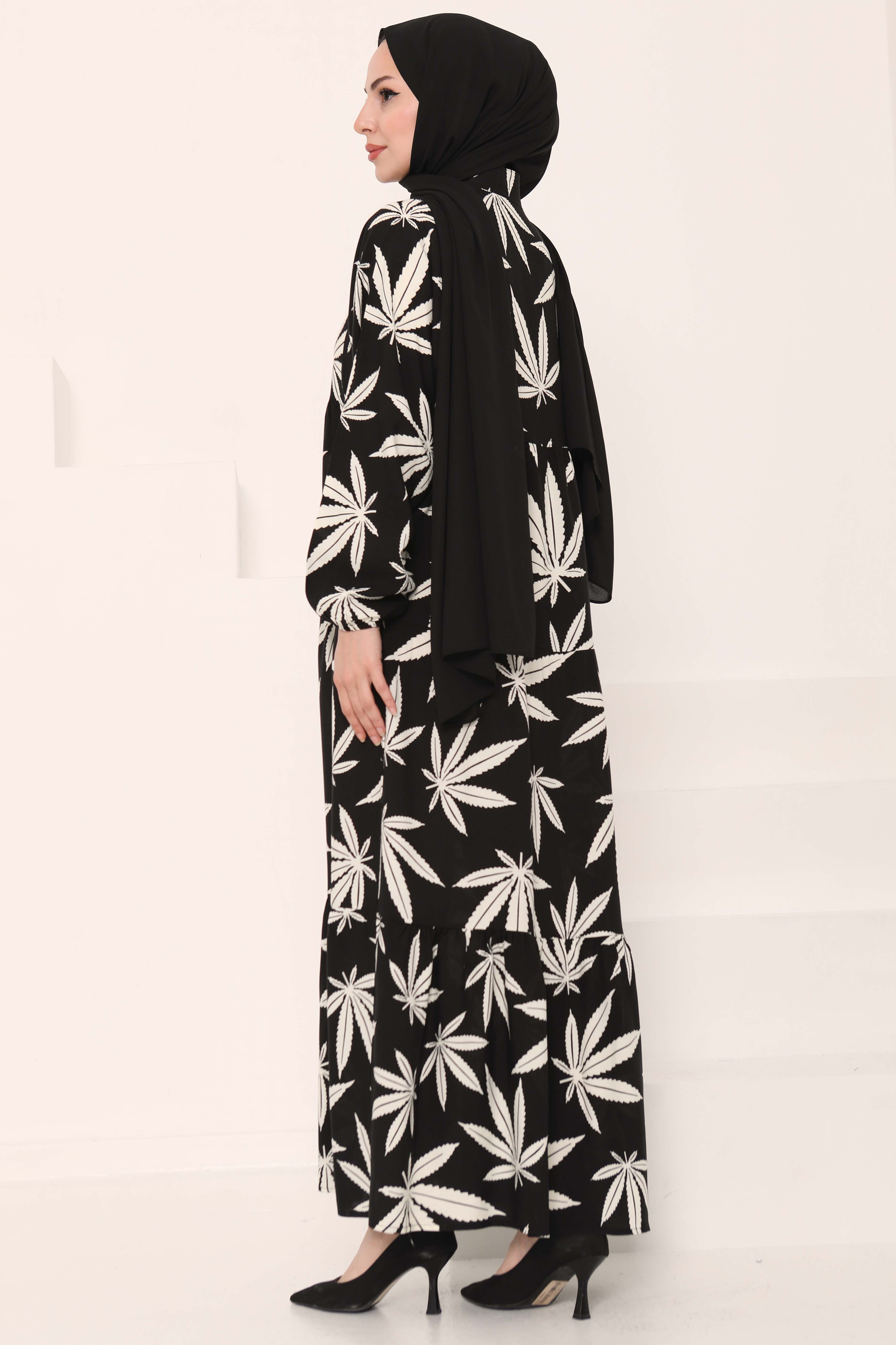 Desenli Düğmeli Elbise Siyah Beyaz - 27038 - 5