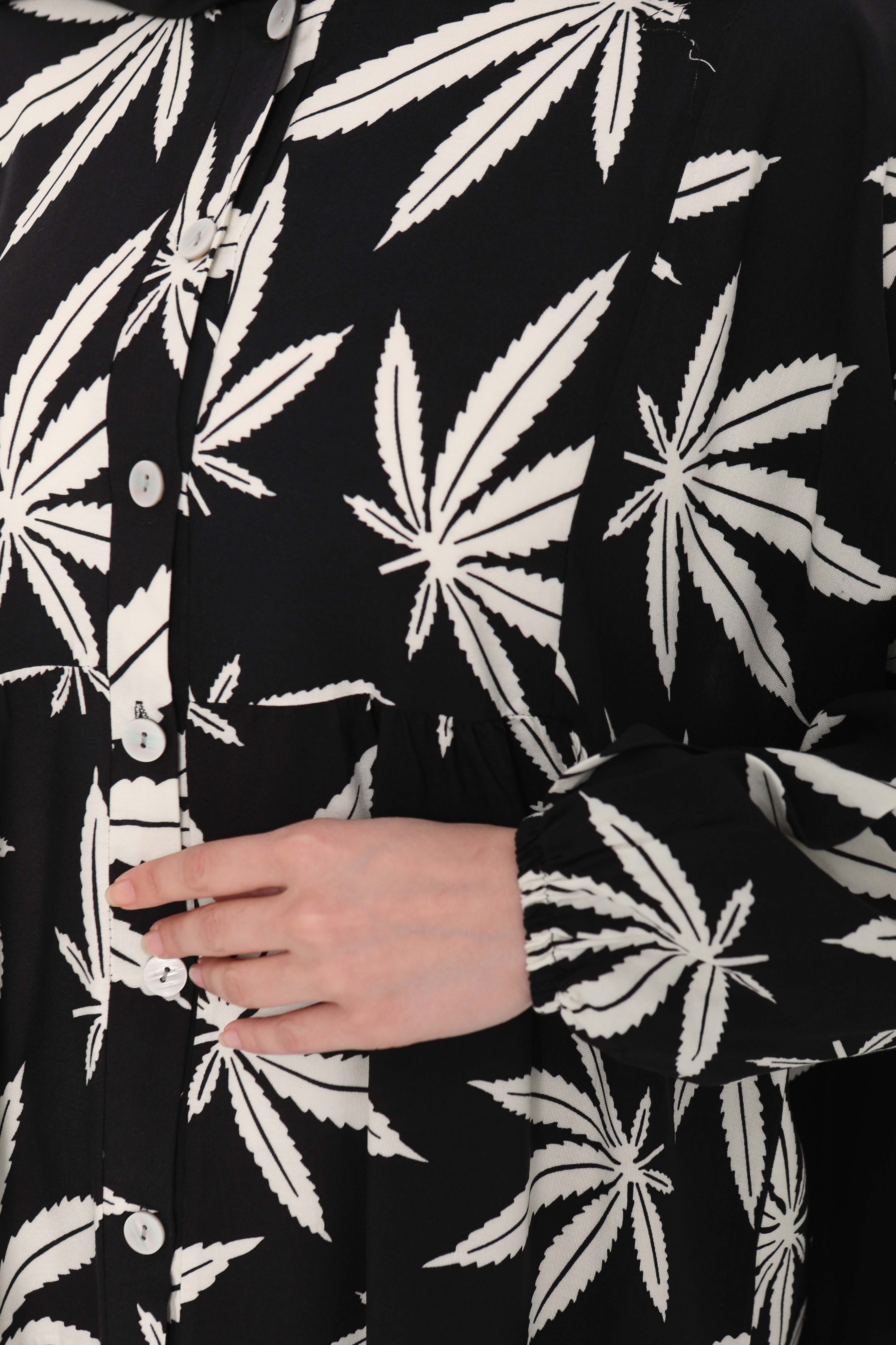 Desenli Düğmeli Elbise Siyah Beyaz - 27038 - 6