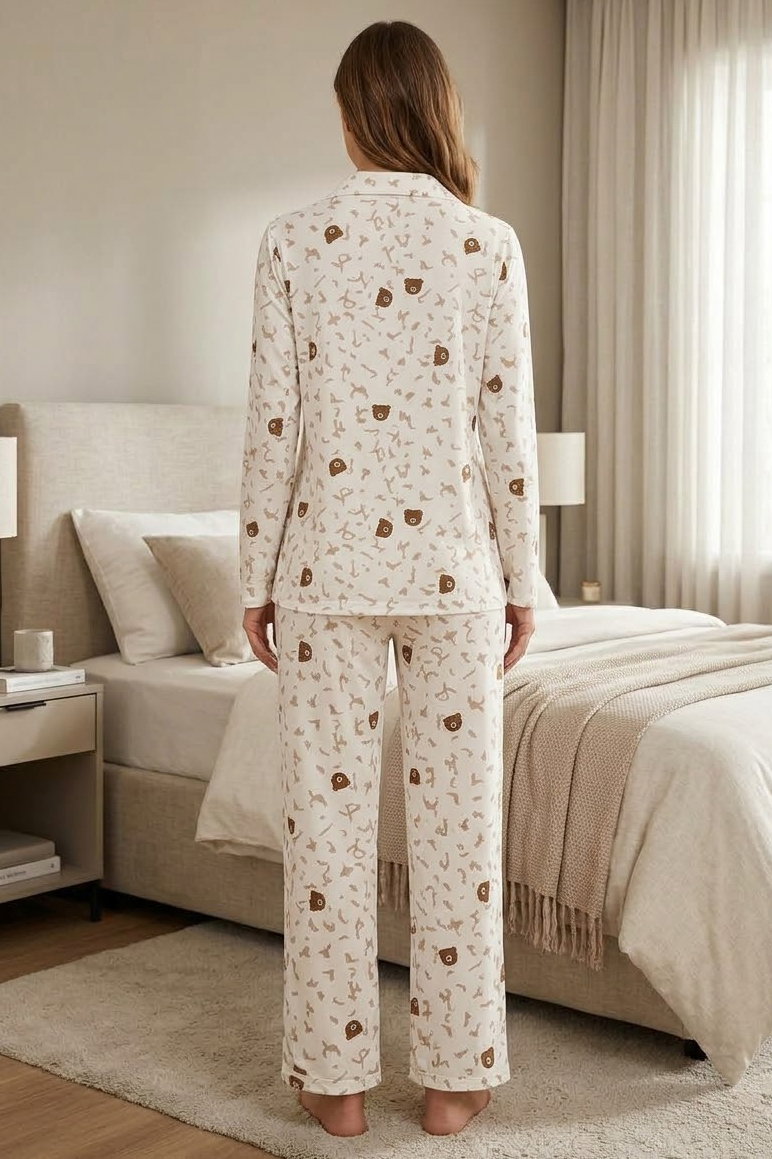 Desenli Düğmeli Pijama Takım Beyaz - 29095-BEYAZ - 2