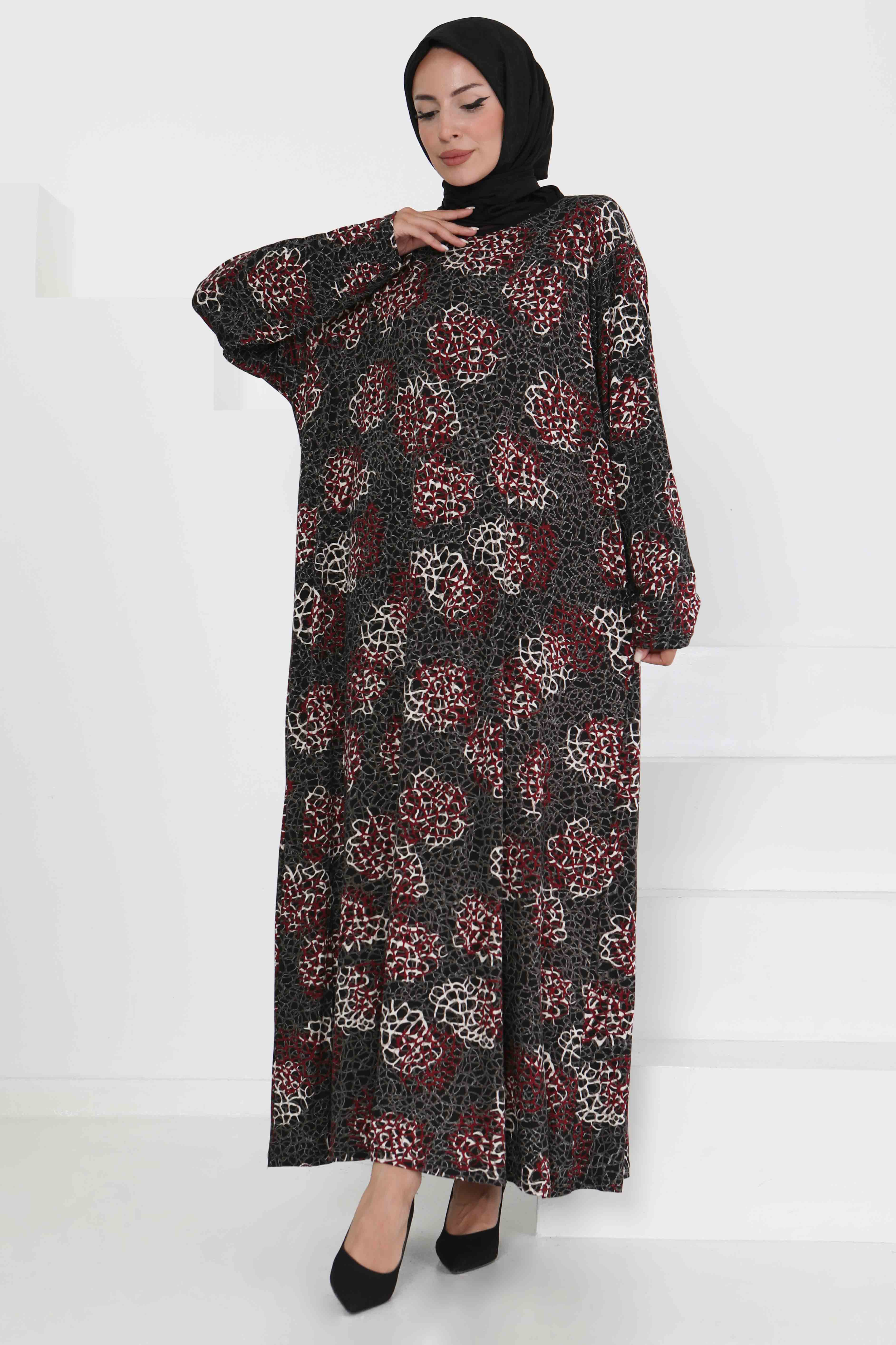 Desenli Elbise Bordo - 27368 - 1