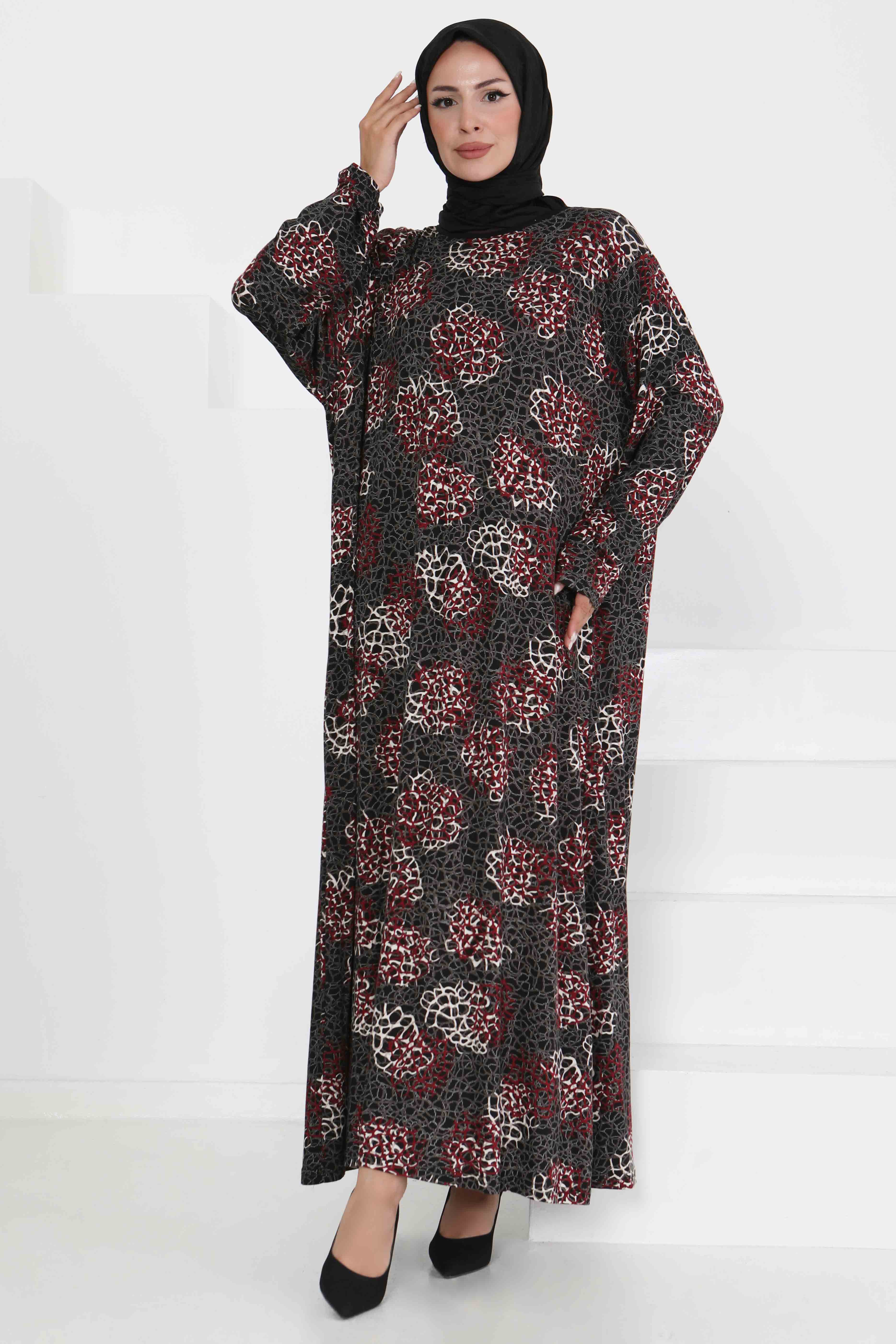 Desenli Elbise Bordo - 27368 - 2