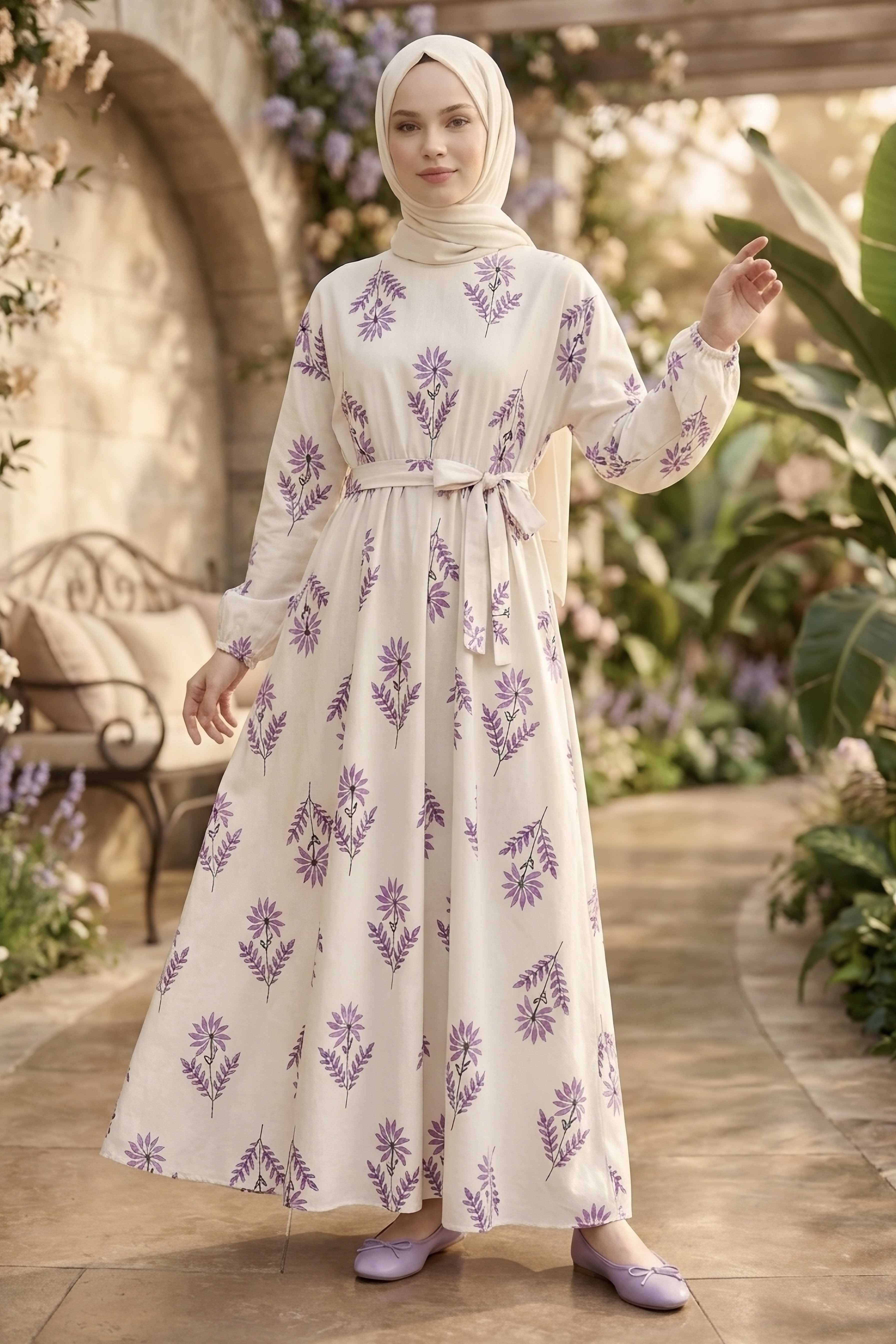 Desenli Elbise Lila - 28602-LILA - 1