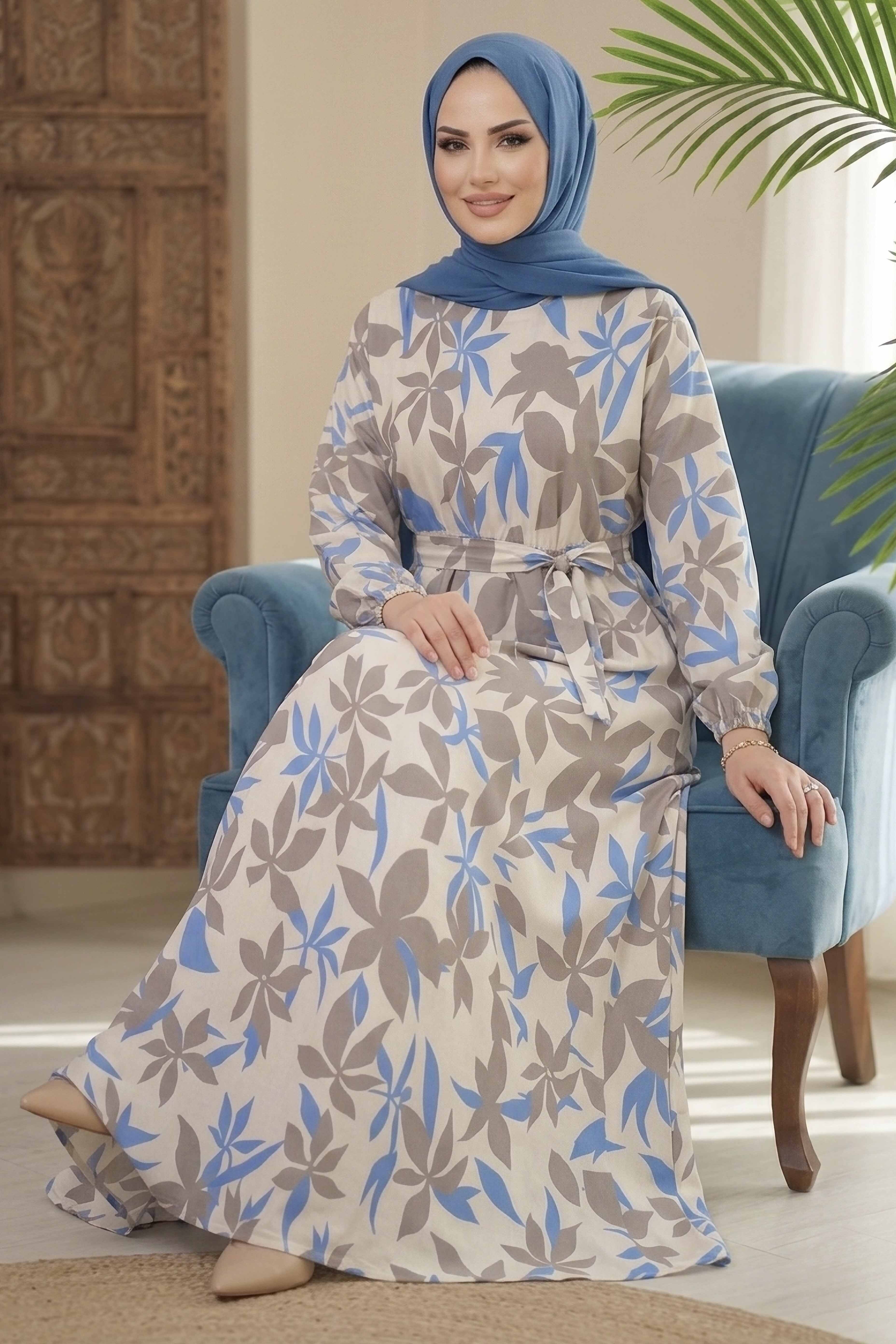 Desenli Elbise Mavi - 28602-MAVI - 1