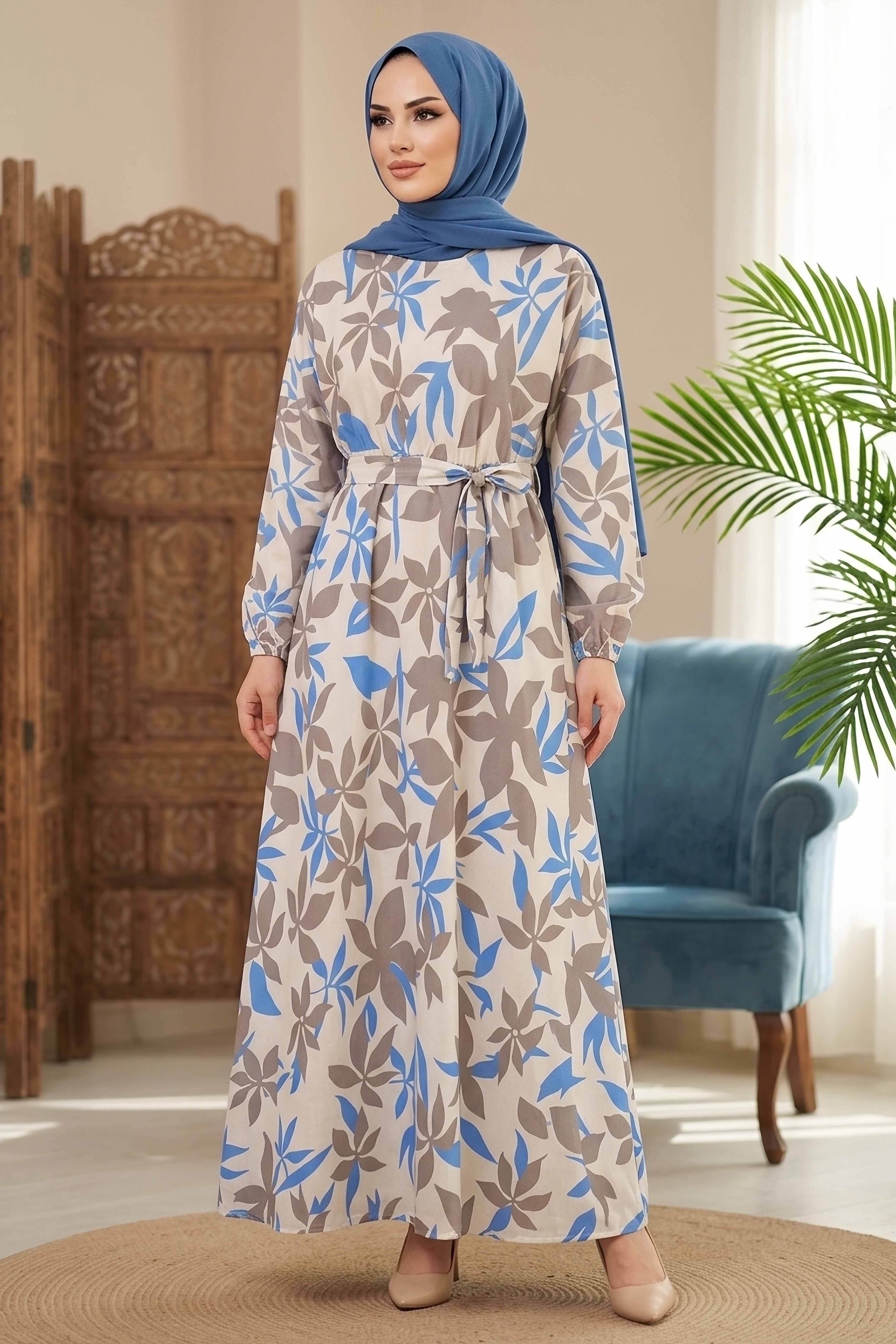 Desenli Elbise Mavi - 28602-MAVI - 2