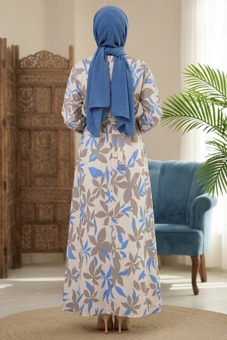 Desenli Elbise Mavi - 28602-MAVI - 3