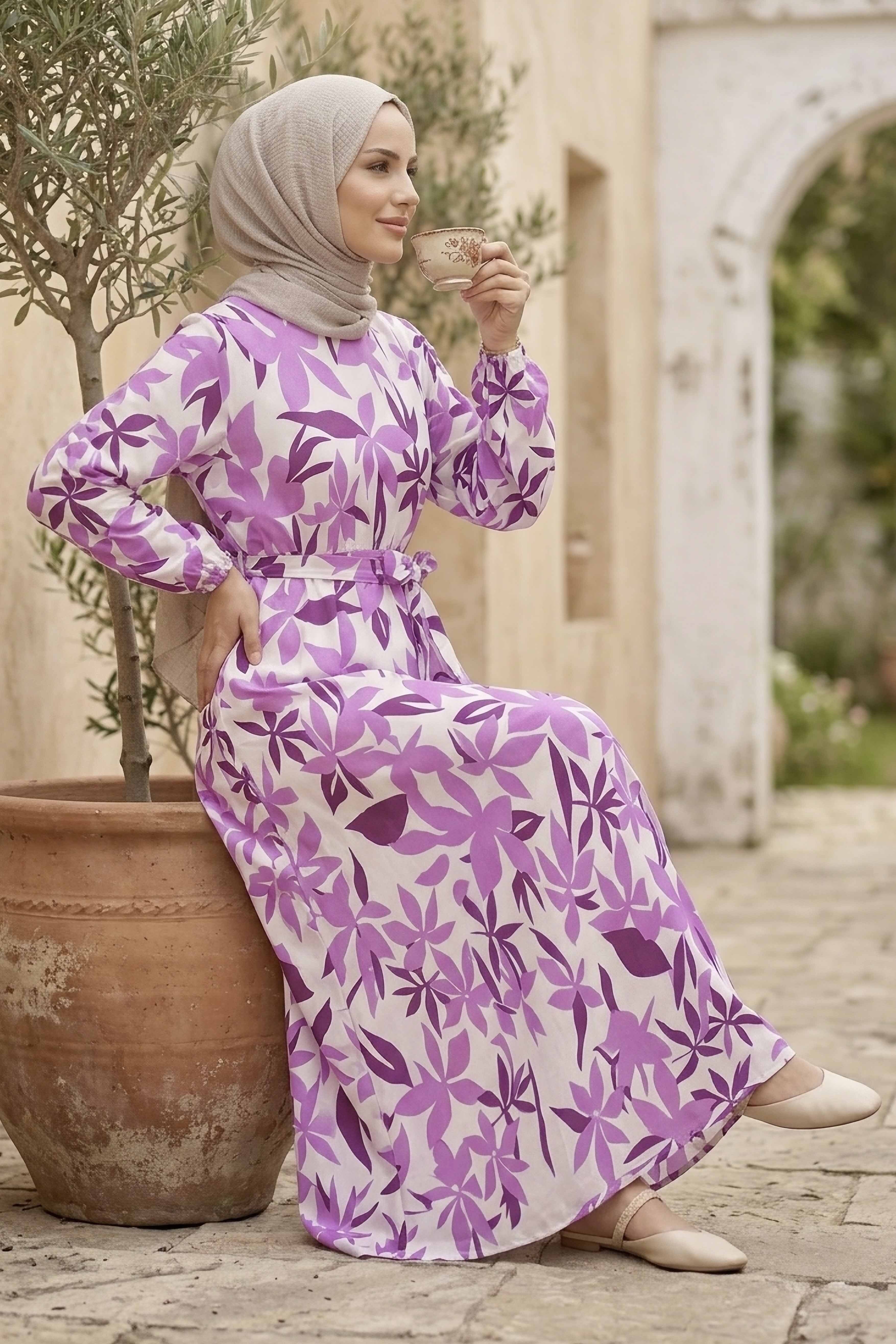 Desenli Elbise Mor - 28602-MOR - 1