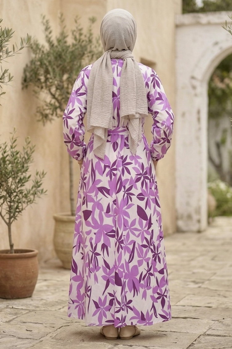 Desenli Elbise Mor - 28602-MOR - 3