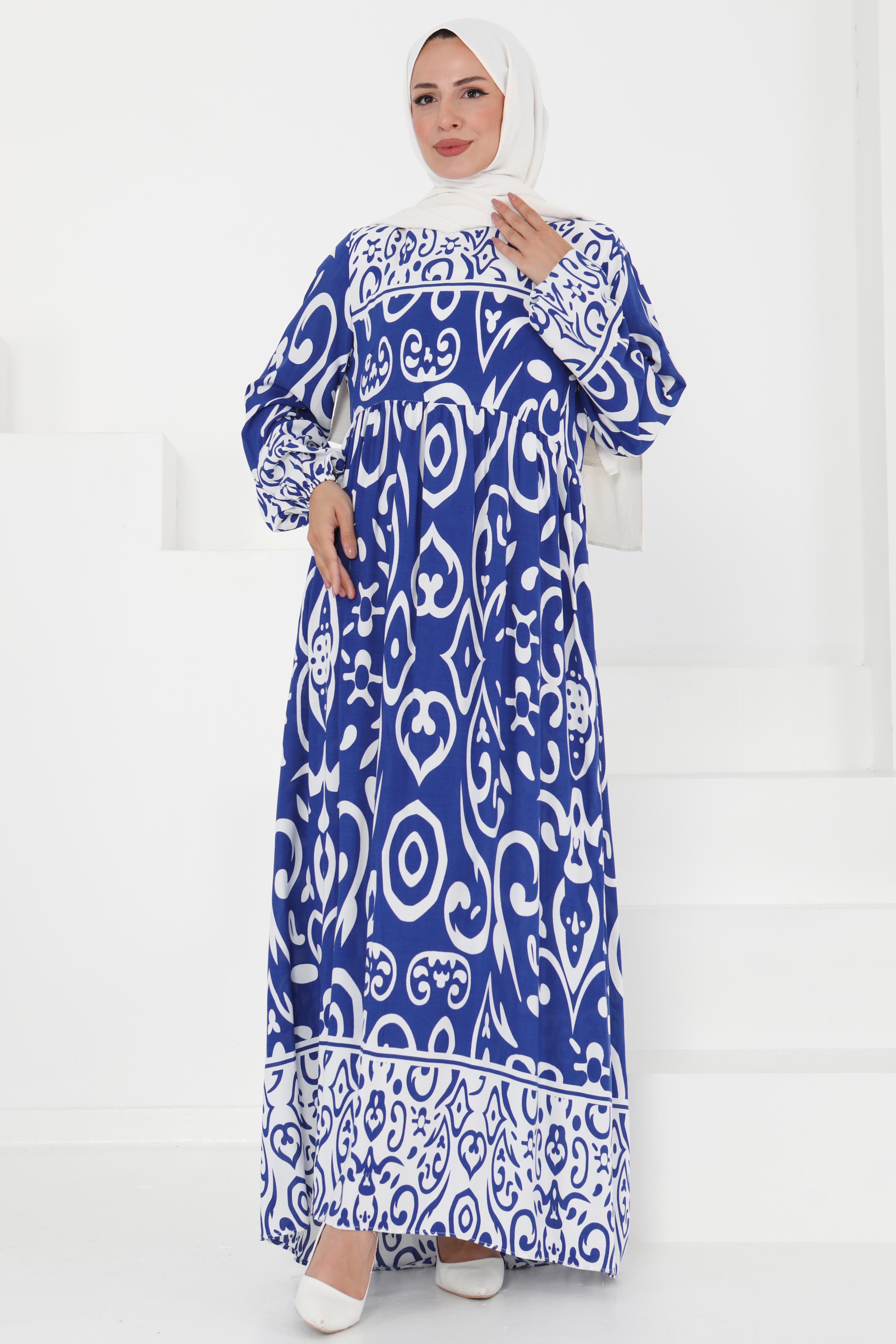 Desenli Elbise Saks - 27431 - 1