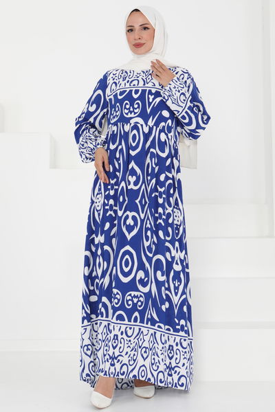 Desenli Elbise Saks - 27431 