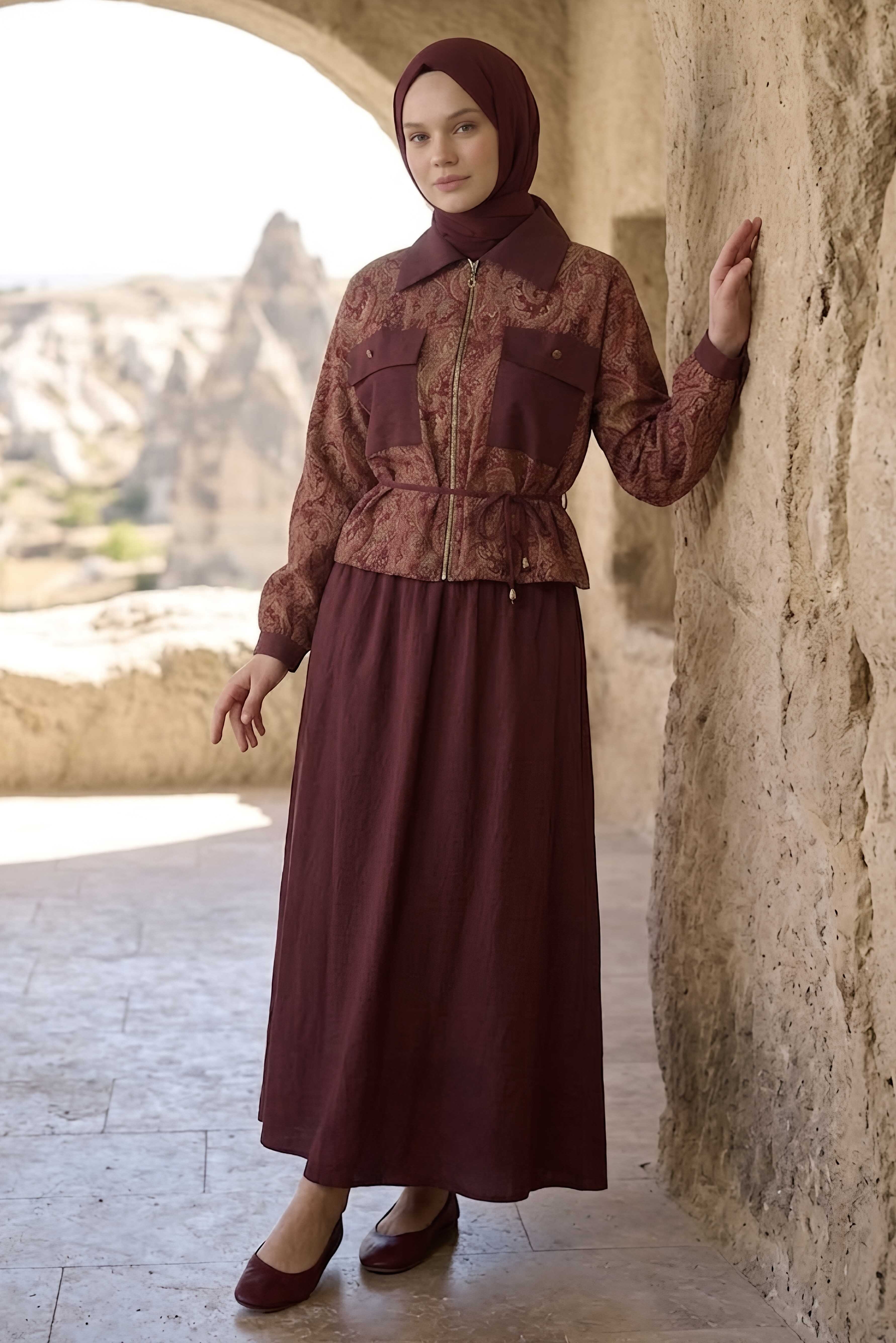 Desenli Etekli Takım Bordo - 28495-BORDO - 1