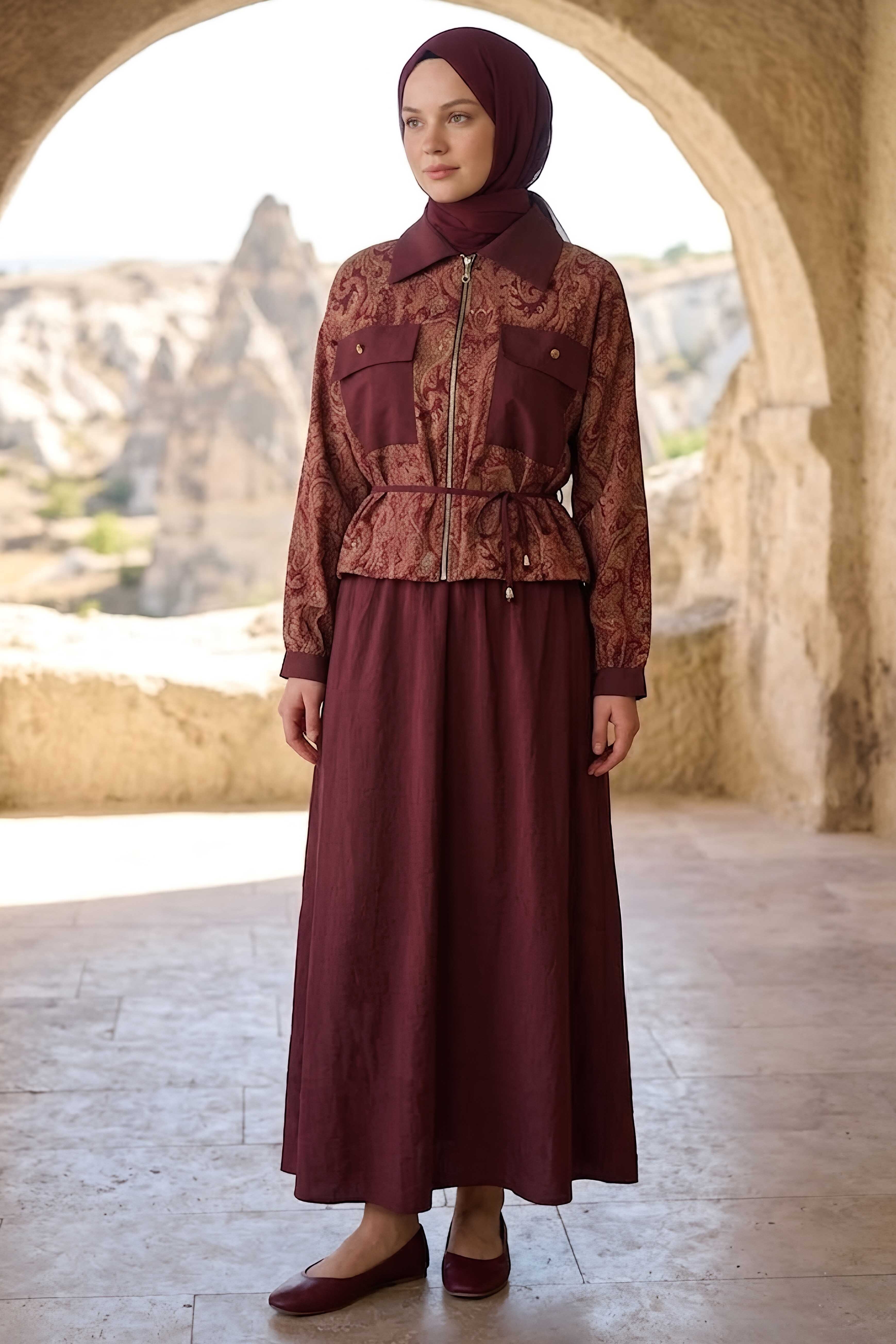Desenli Etekli Takım Bordo - 28495-BORDO - 2