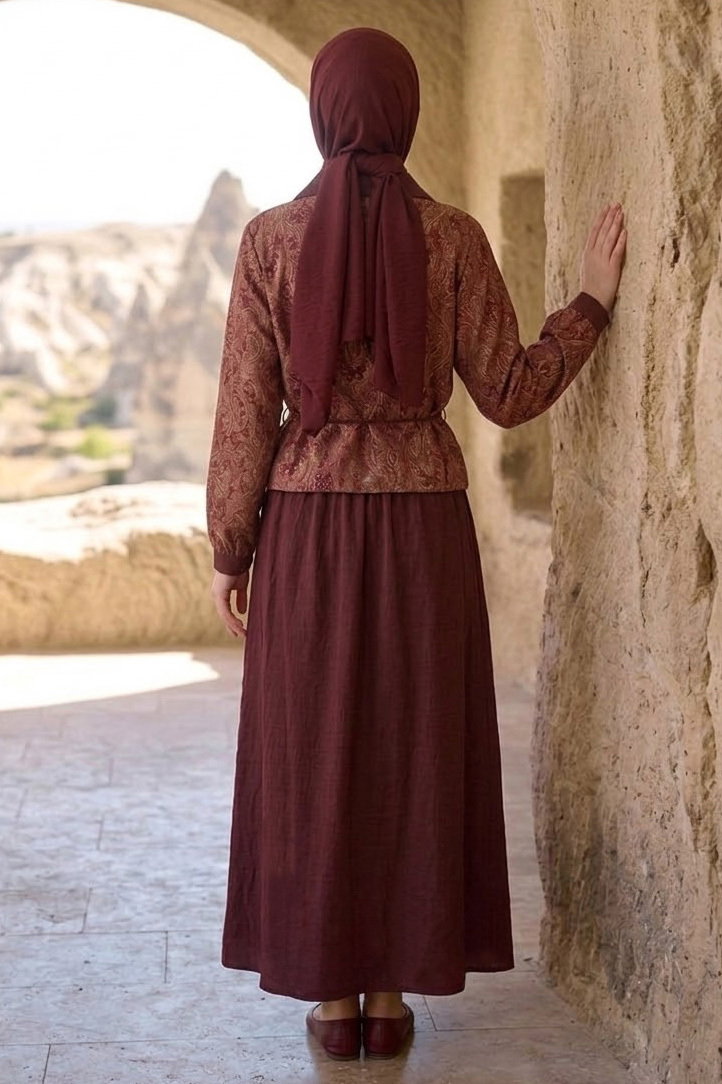 Desenli Etekli Takım Bordo - 28495-BORDO - 3