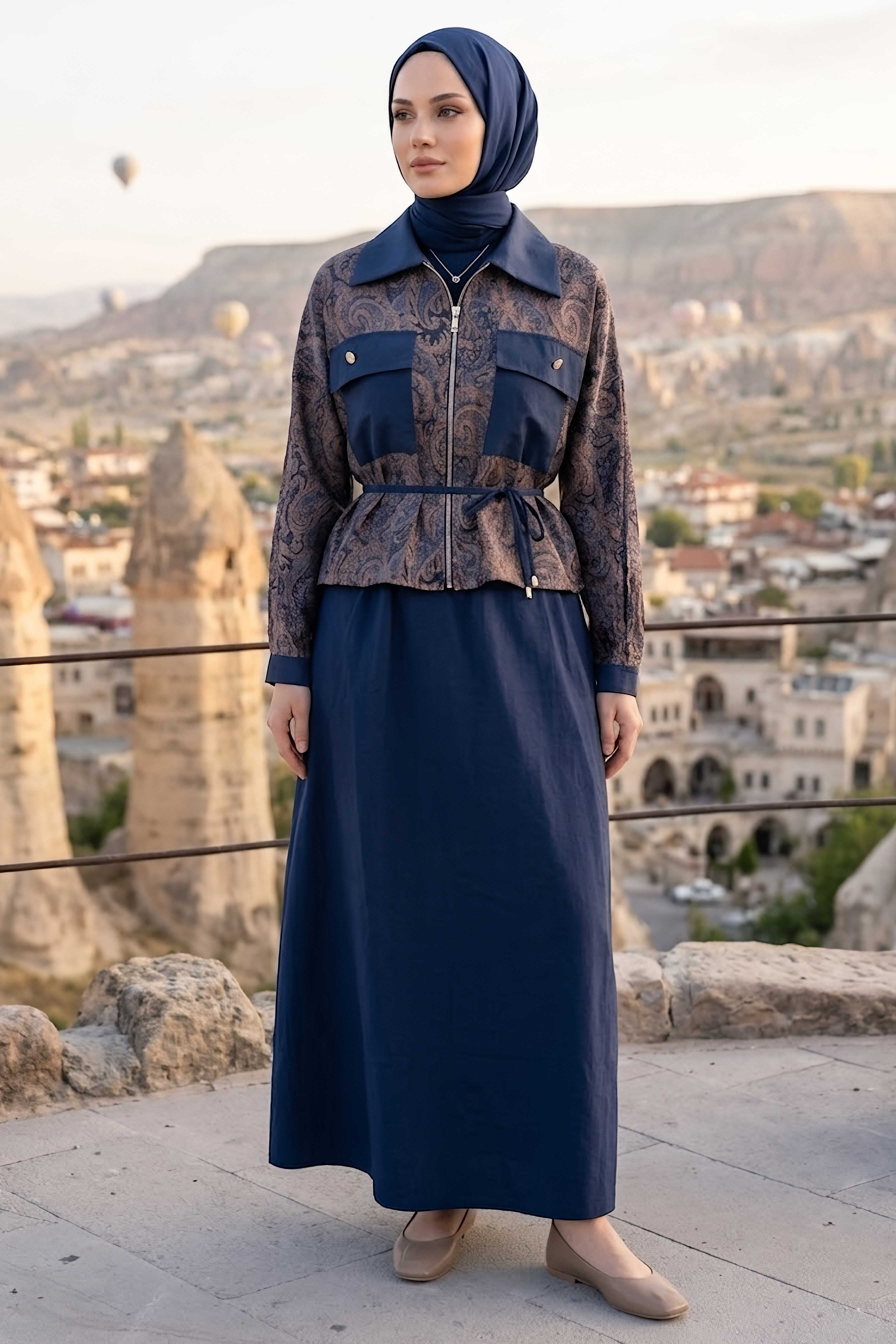 Desenli Etekli Takım Lacivert - 28495-LACIVERT - 2