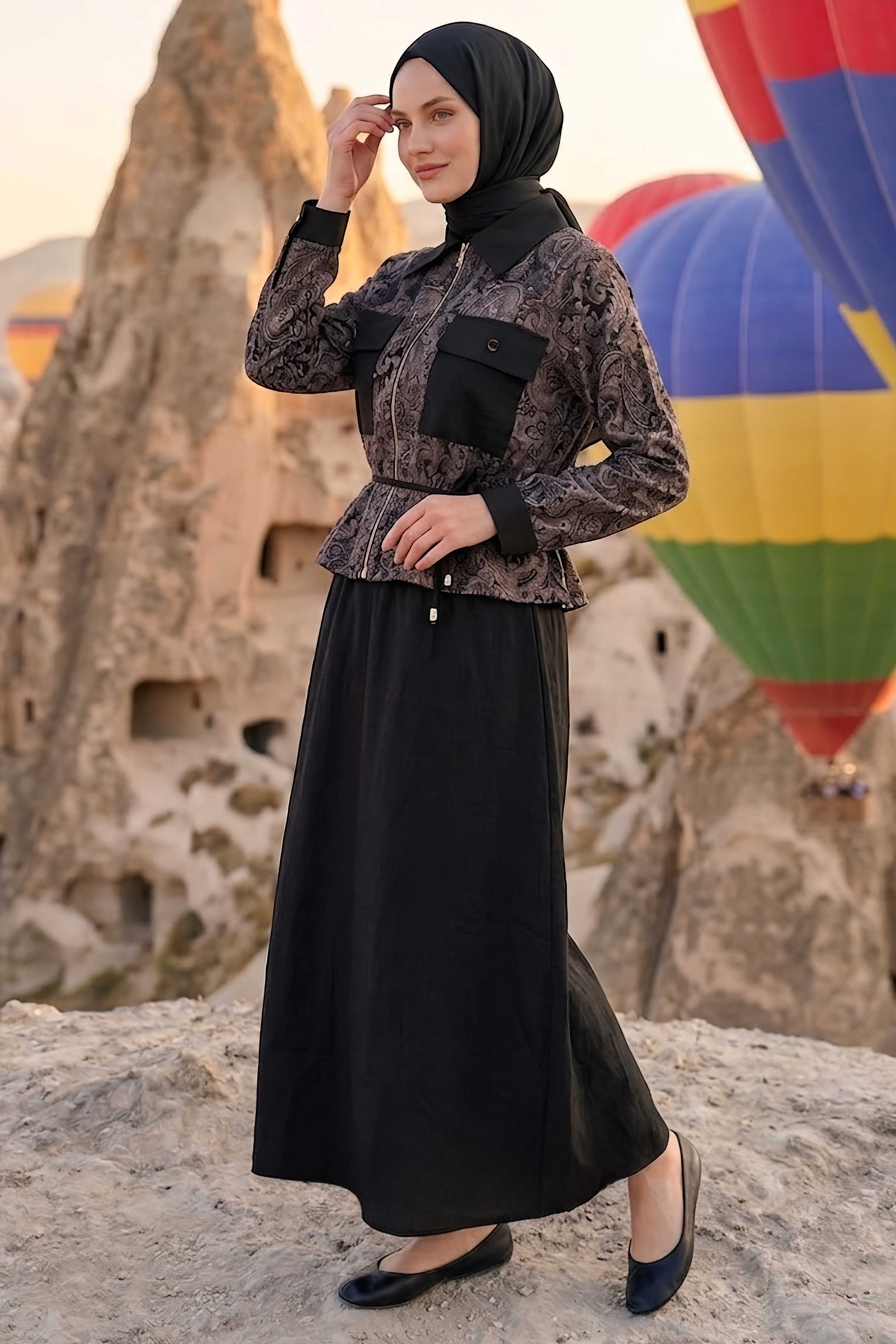 Desenli Etekli Takım Siyah - 28495-SIYAH - 1