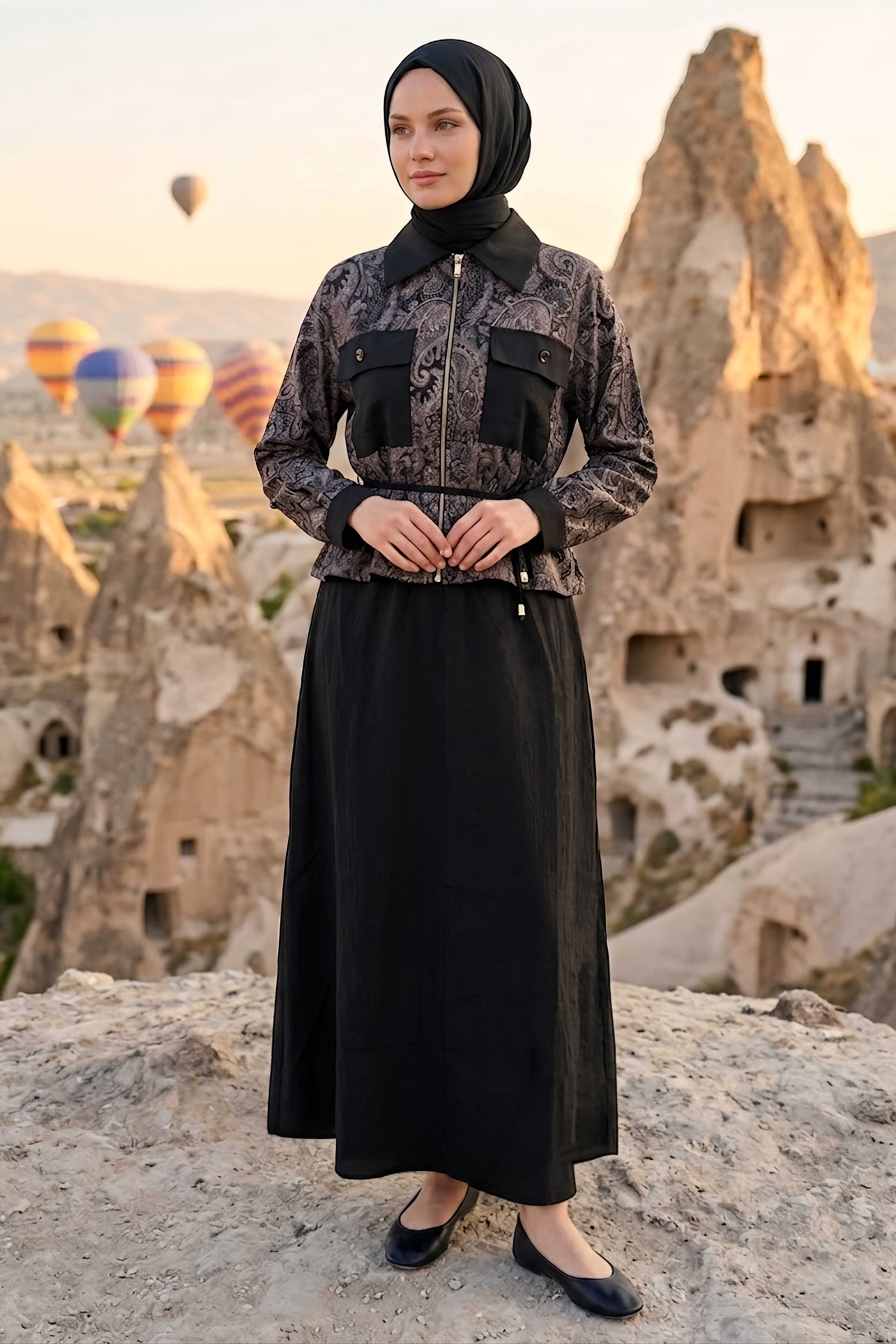 Desenli Etekli Takım Siyah - 28495-SIYAH - 2
