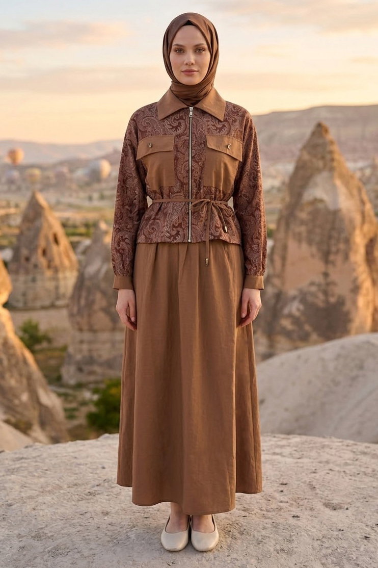 Desenli Etekli Takım Vizon - 28495-VIZON - 2