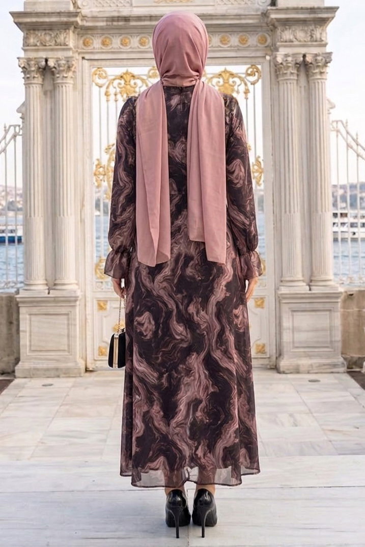 Desenli Fırfırlı Tül Elbise Bej - 28633-BEJ - 3