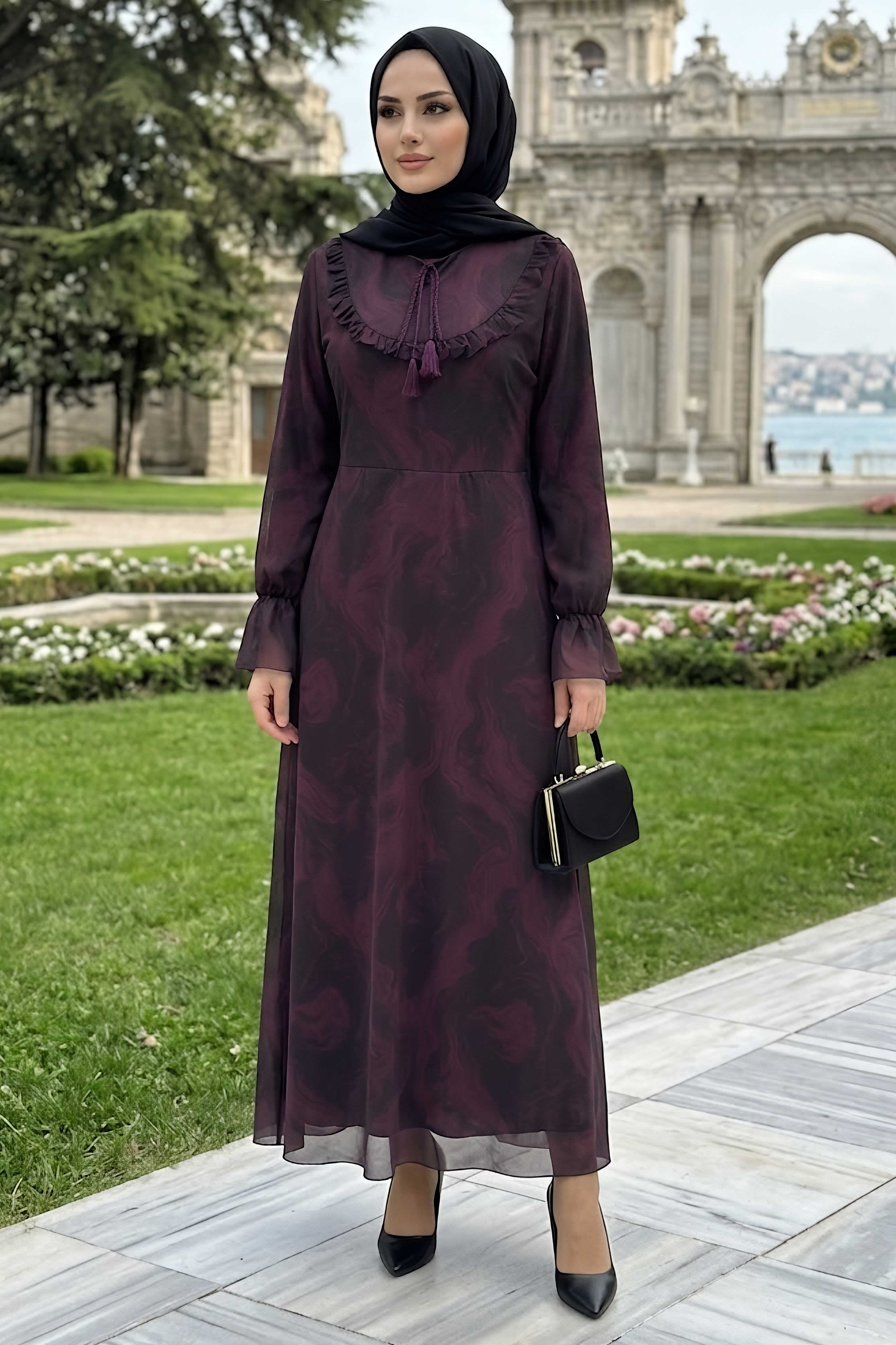 Desenli Fırfırlı Tül Elbise Bordo - 28633-BORDO - 1