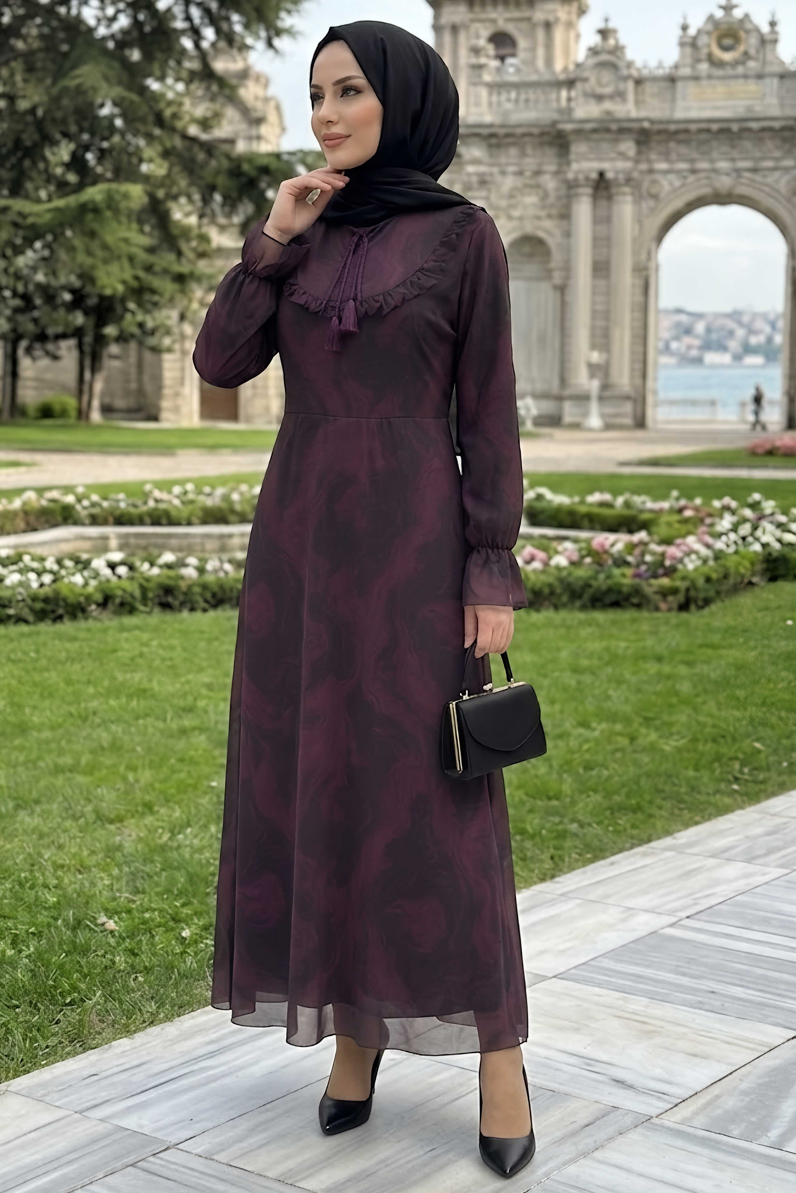 Desenli Fırfırlı Tül Elbise Bordo - 28633-BORDO - 2