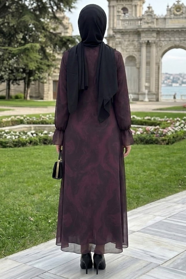 Desenli Fırfırlı Tül Elbise Bordo - 28633-BORDO - 3