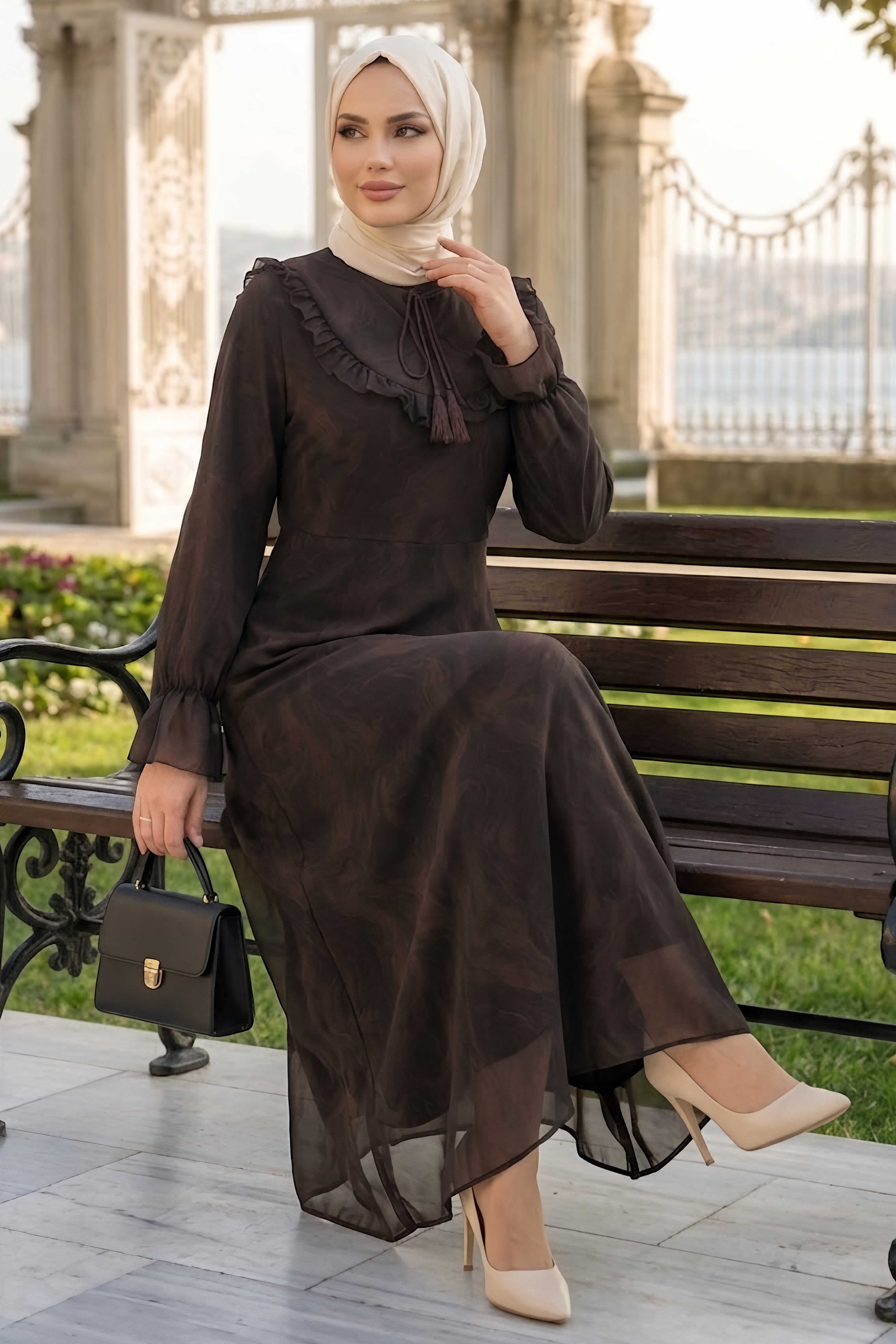 Desenli Fırfırlı Tül Elbise Kahve - 28633-KAHVE - 2