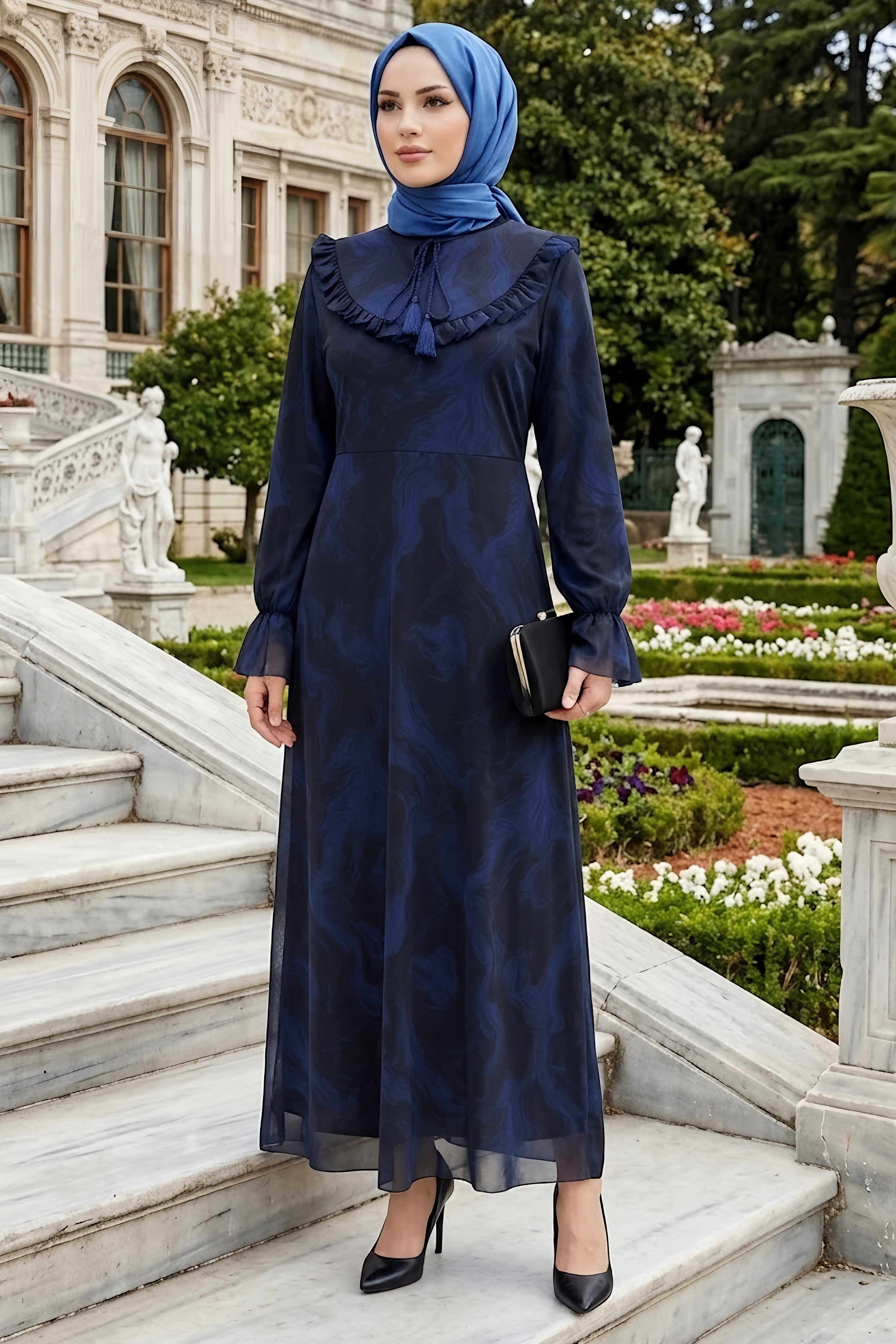 Desenli Fırfırlı Tül Elbise Lacivert - 28633-LACIVERT - 1