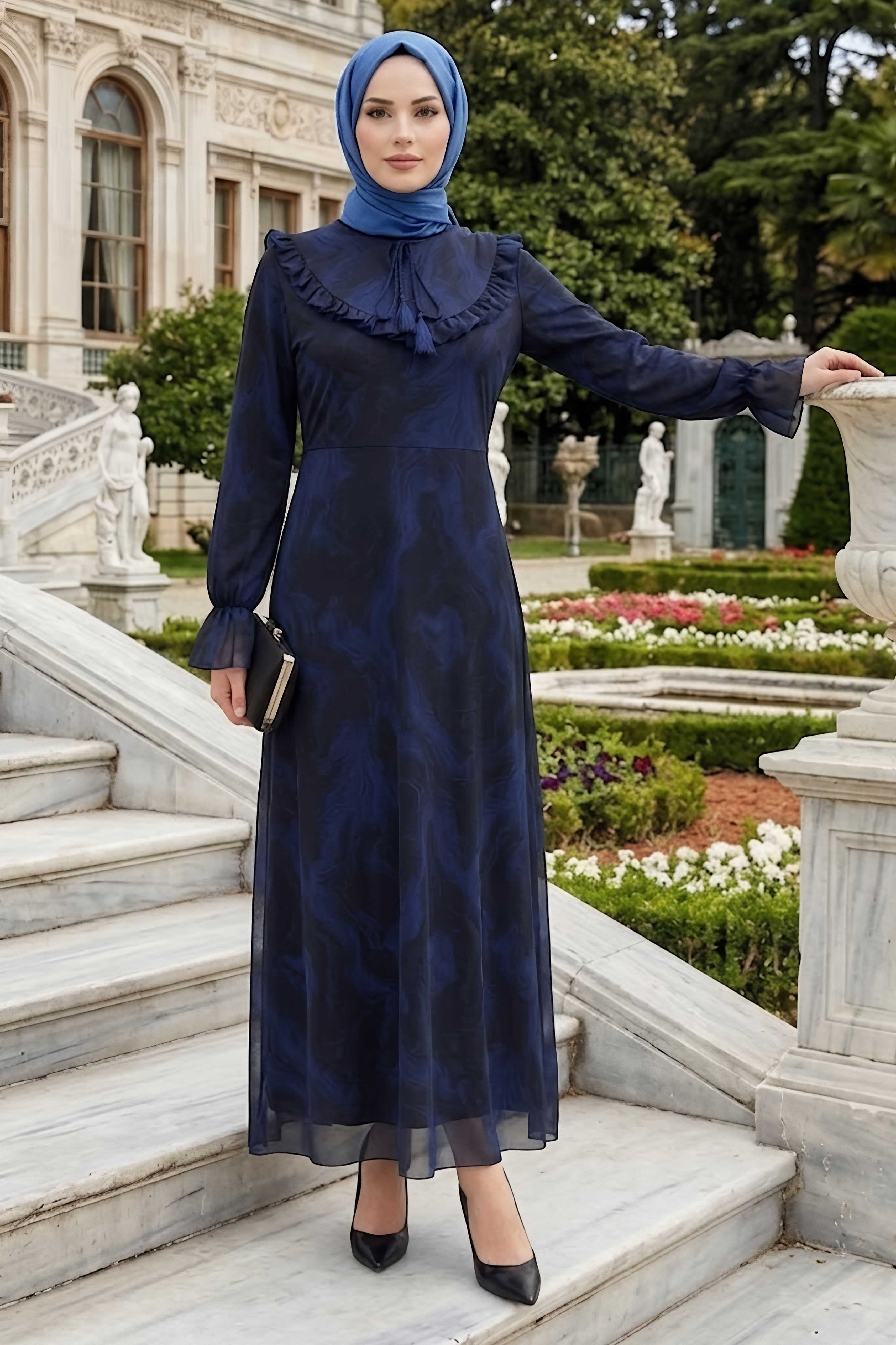 Desenli Fırfırlı Tül Elbise Lacivert - 28633-LACIVERT - 2