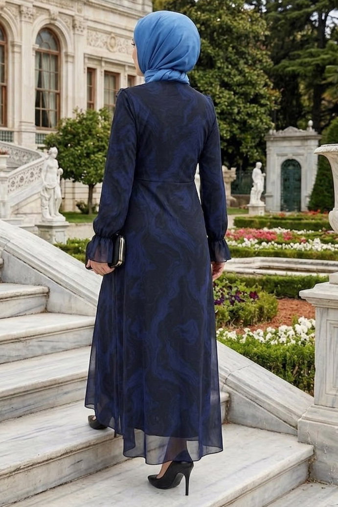 Desenli Fırfırlı Tül Elbise Lacivert - 28633-LACIVERT - 3