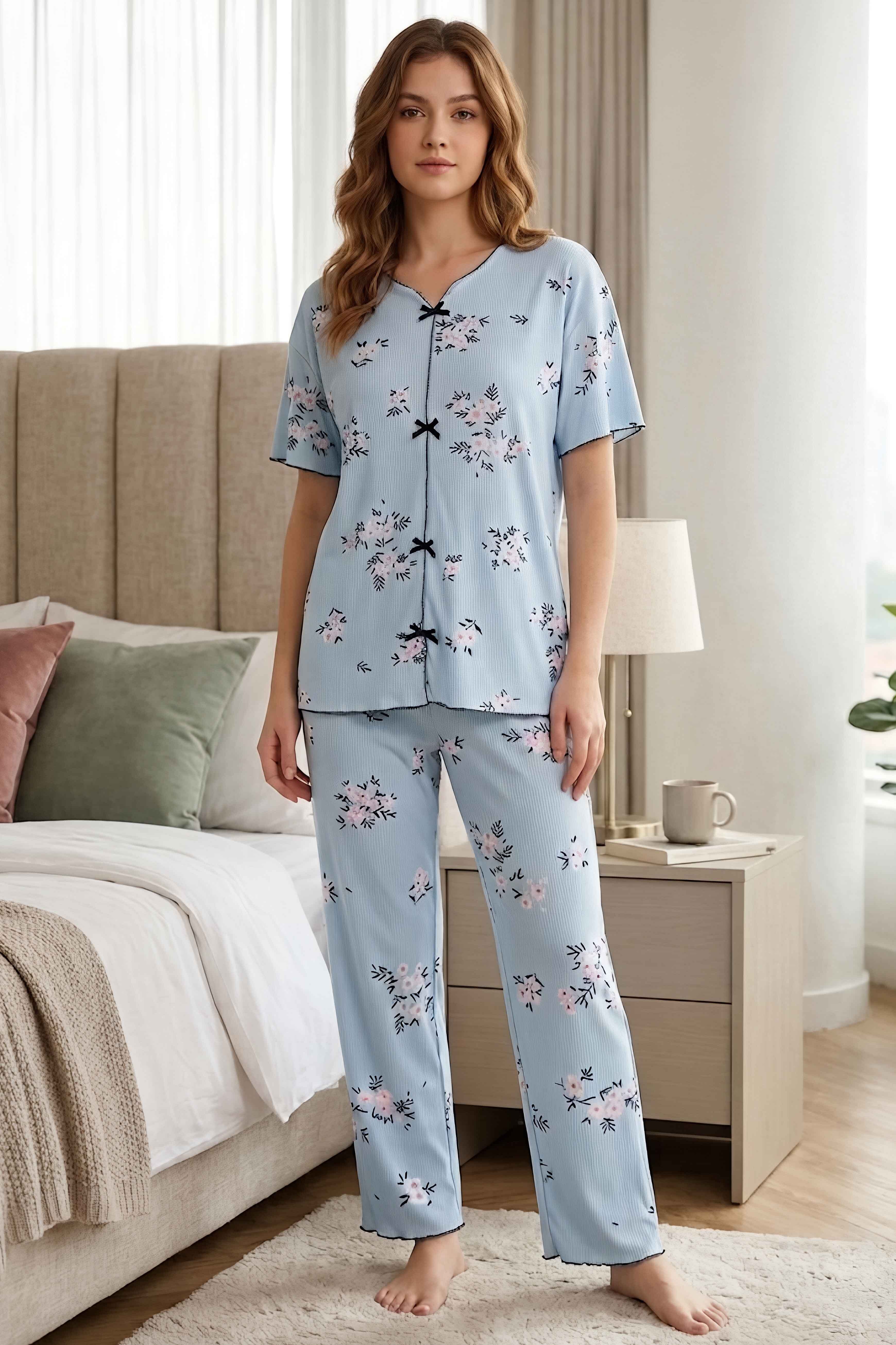 Desenli Fiyonklu Pijama Takımı Bebe Mavi - 28796-BEBE-MAVI - 1