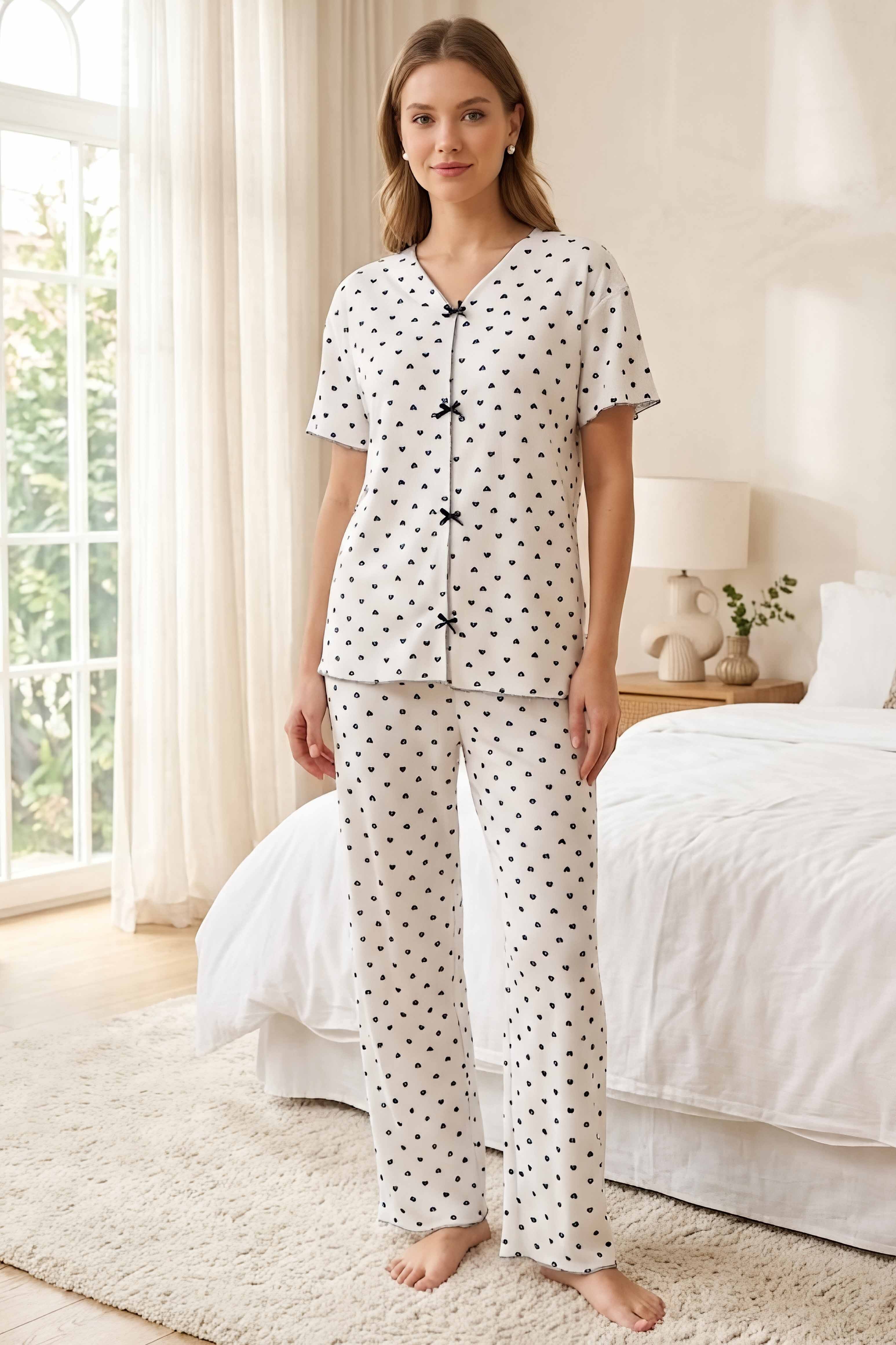 Desenli Fiyonklu Pijama Takımı Beyaz - 28790-BEYAZ - 1