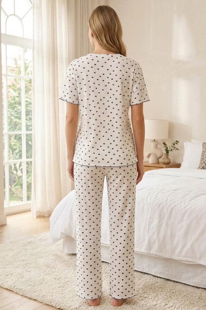 Desenli Fiyonklu Pijama Takımı Beyaz - 28790-BEYAZ - 2