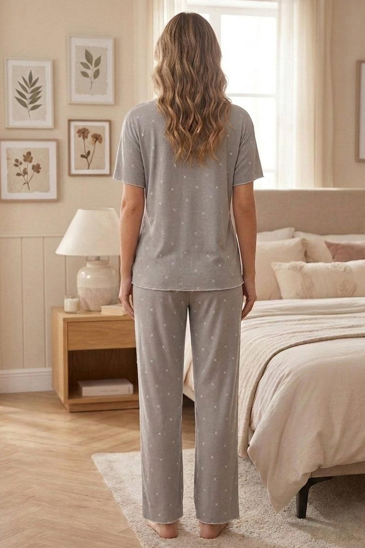 Desenli Fiyonklu Pijama Takımı Gri - 28802-GRI - 2