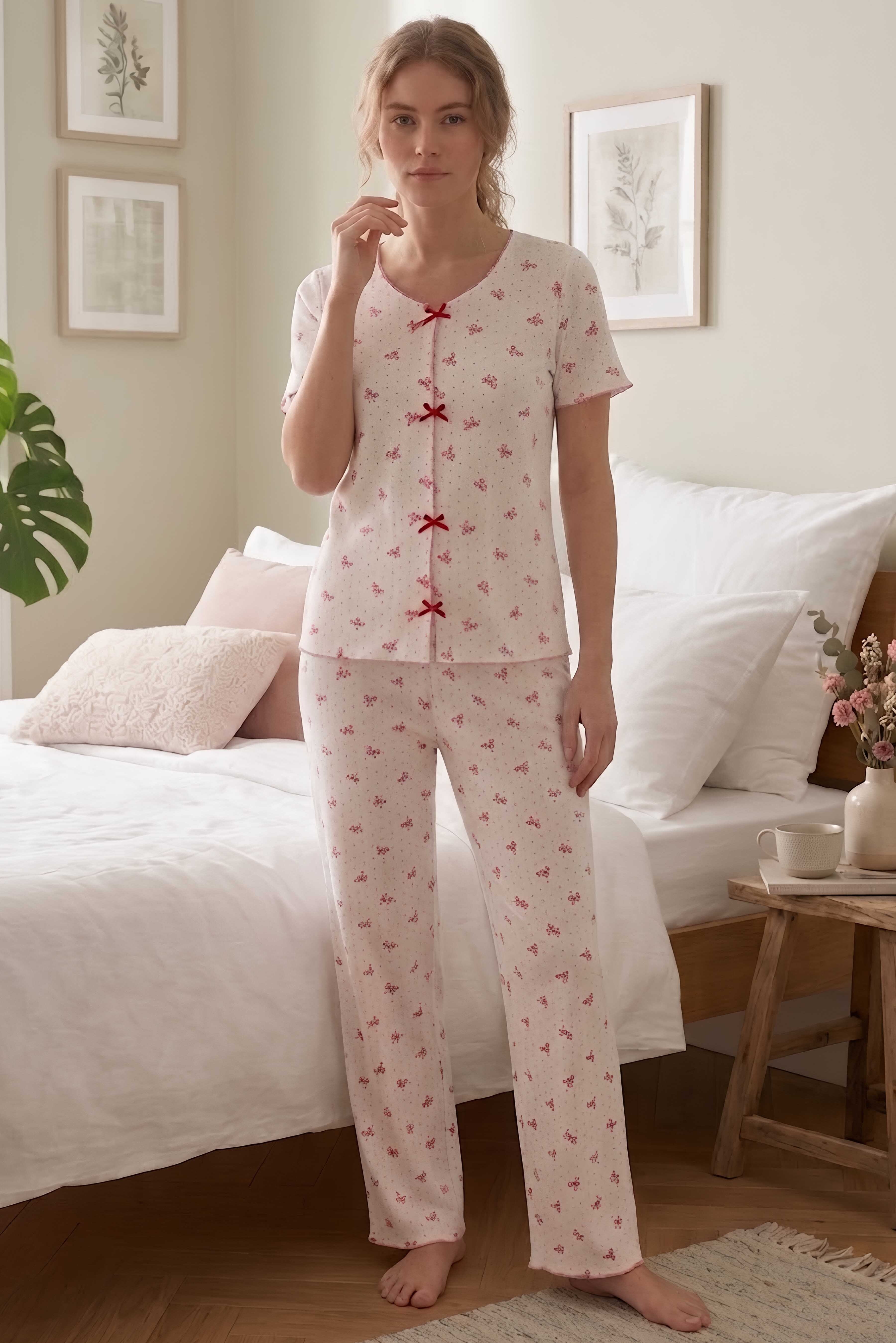 Desenli Fiyonklu Pijama Takımı Kirmizi - 28792-KIRMIZI - 1