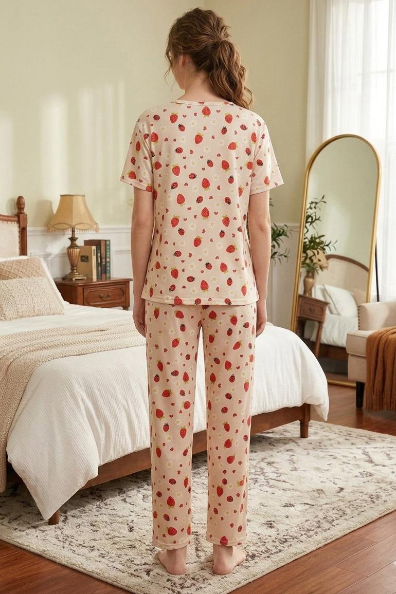 Desenli Fiyonklu Pijama Takımı Krem - 28800-KREM - 2