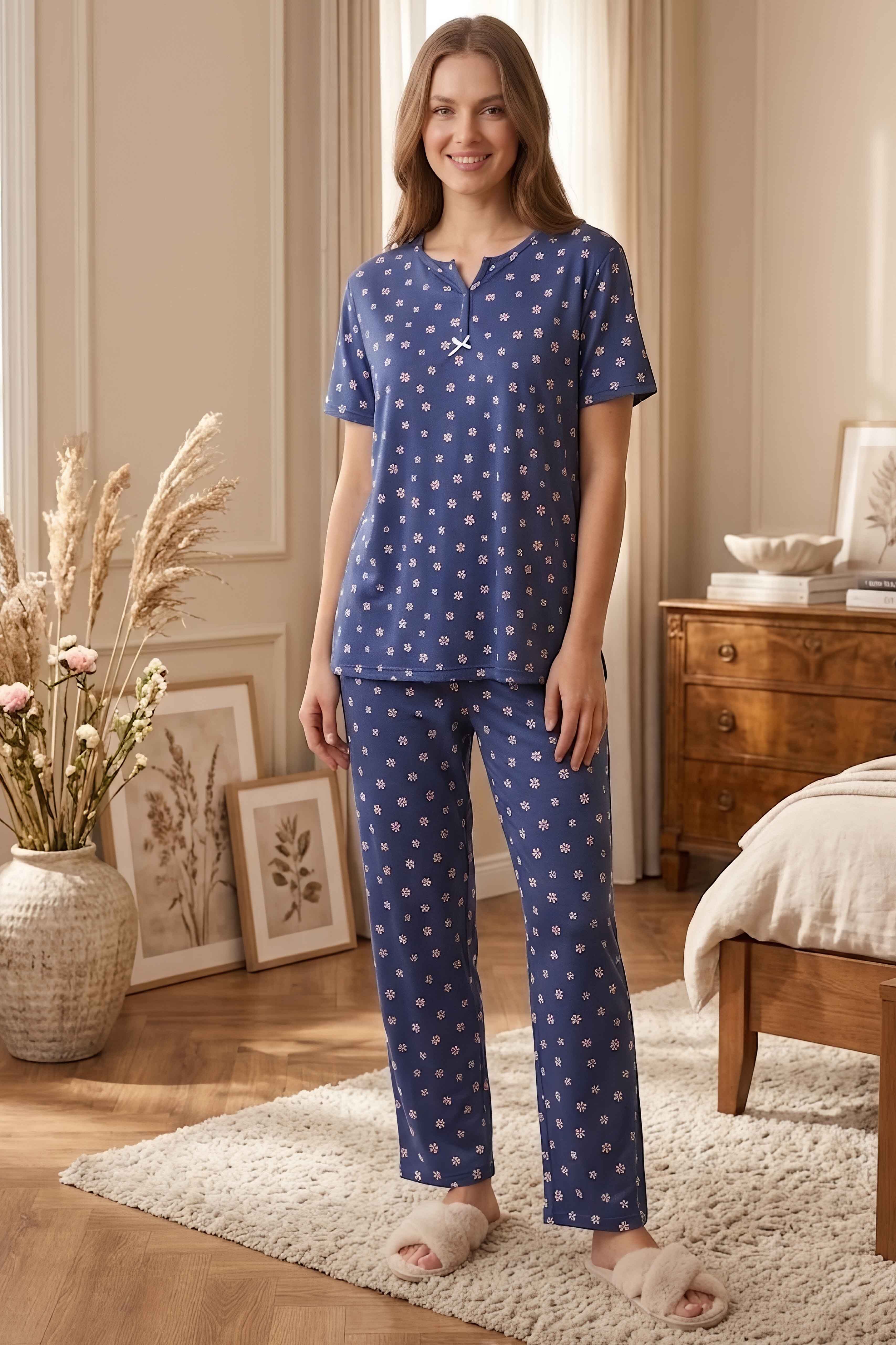 Desenli Fiyonklu Pijama Takımı Lacivert - 28795-LACIVERT - 1