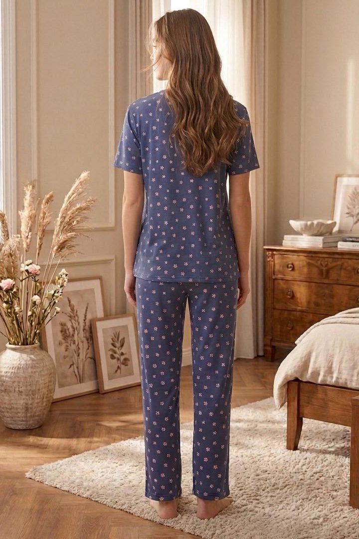 Desenli Fiyonklu Pijama Takımı Lacivert - 28795-LACIVERT - 2