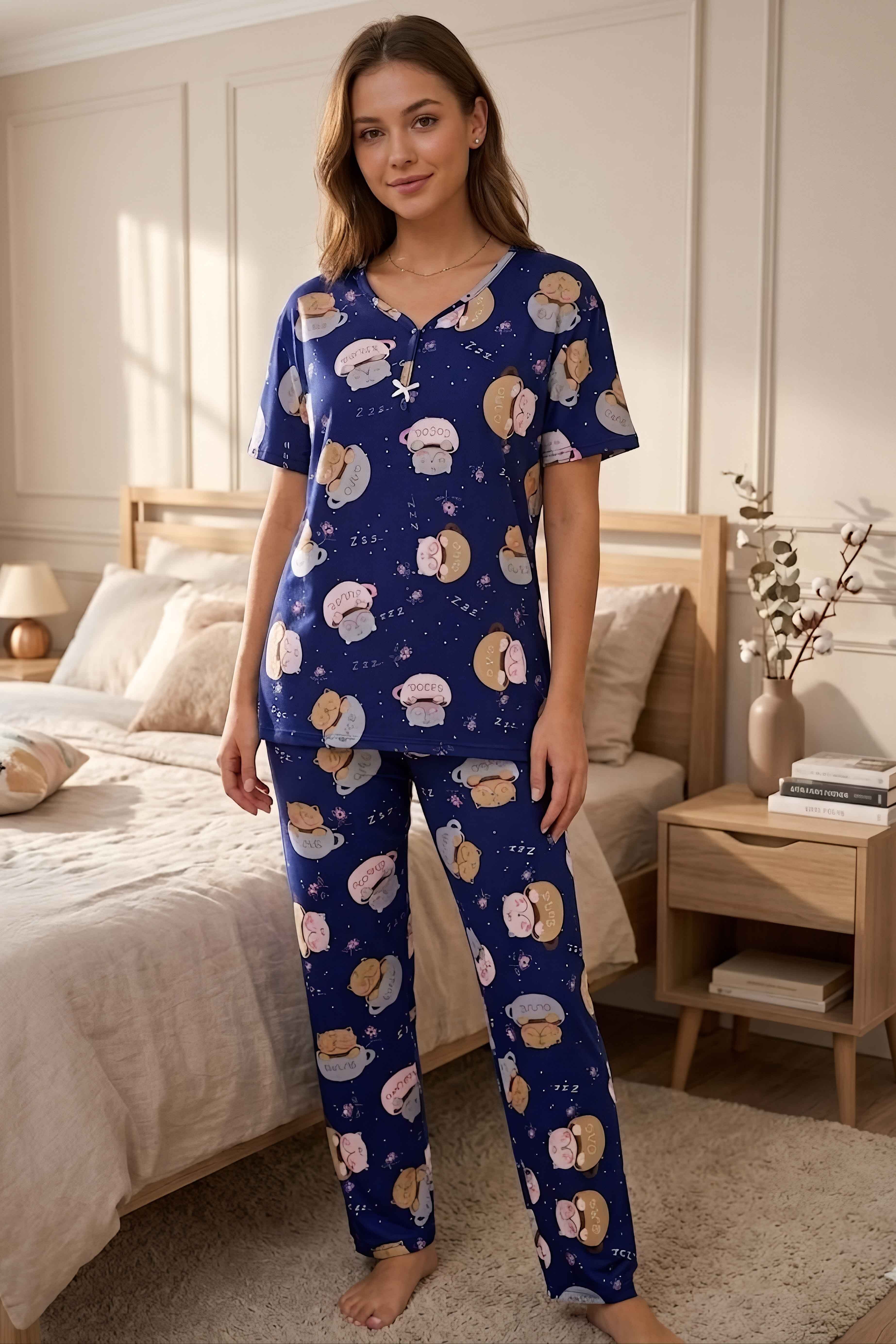 Desenli Fiyonklu Pijama Takımı Lacivert - 28798-LACIVERT - 1