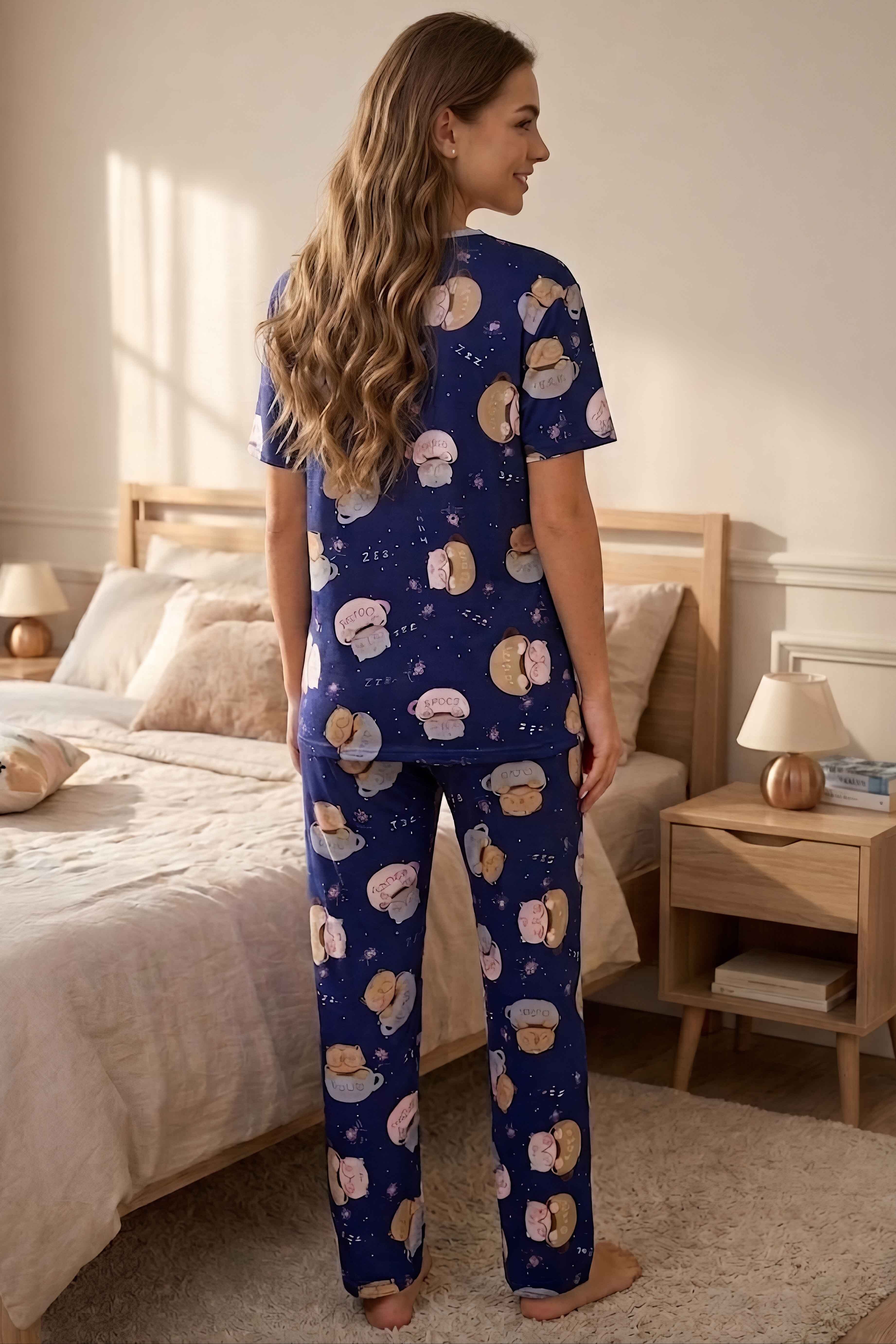 Desenli Fiyonklu Pijama Takımı Lacivert - 28798-LACIVERT - 3