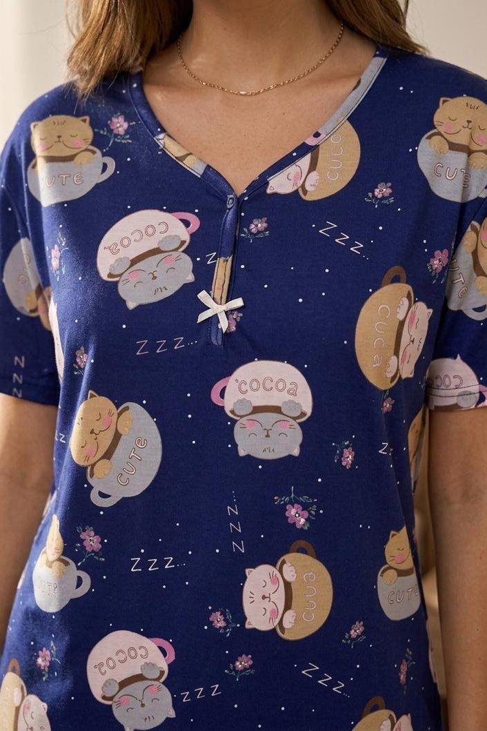 Desenli Fiyonklu Pijama Takımı Lacivert - 28798-LACIVERT - 2