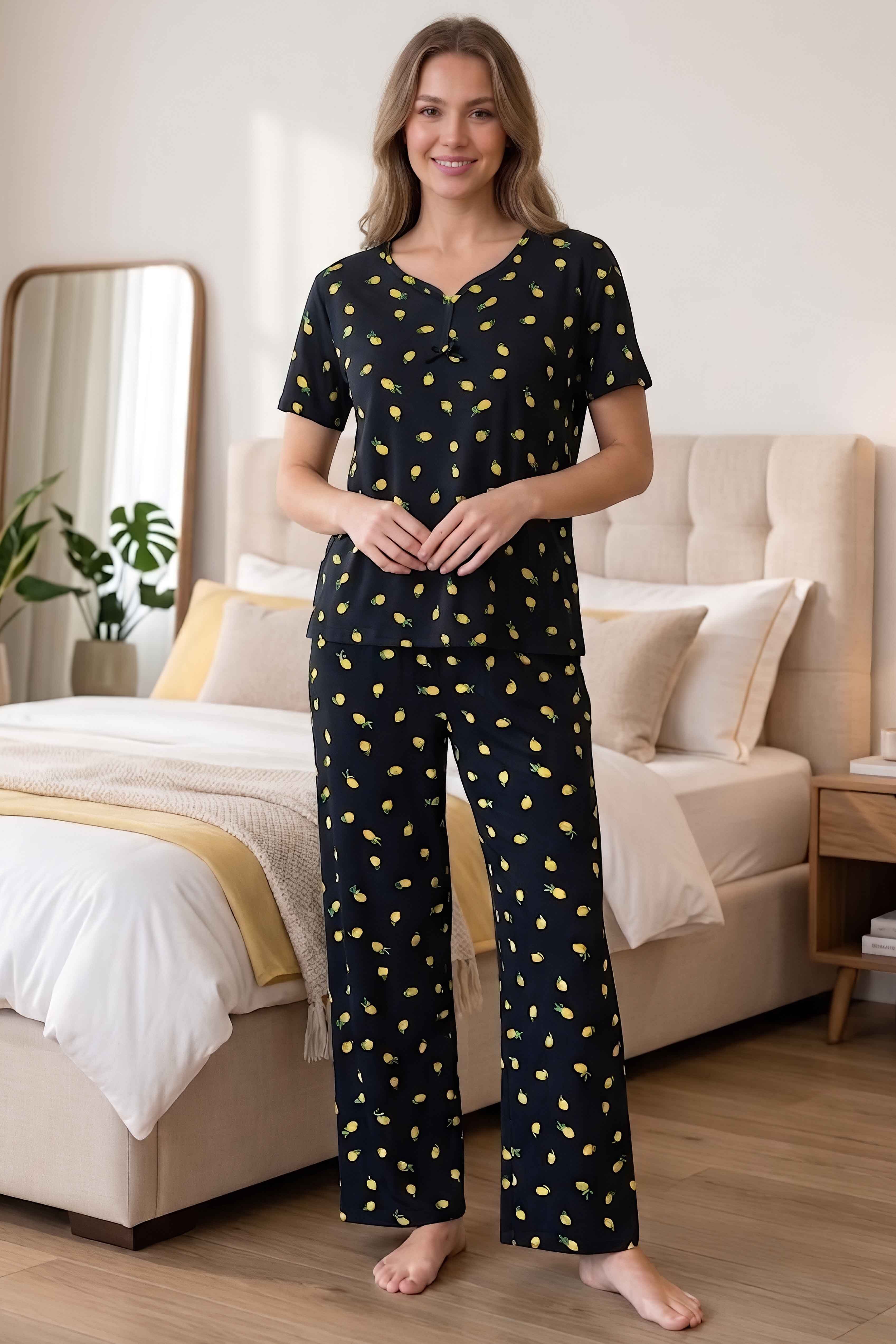 Desenli Fiyonklu Pijama Takımı Lacivert - 28803-LACIVERT - 1