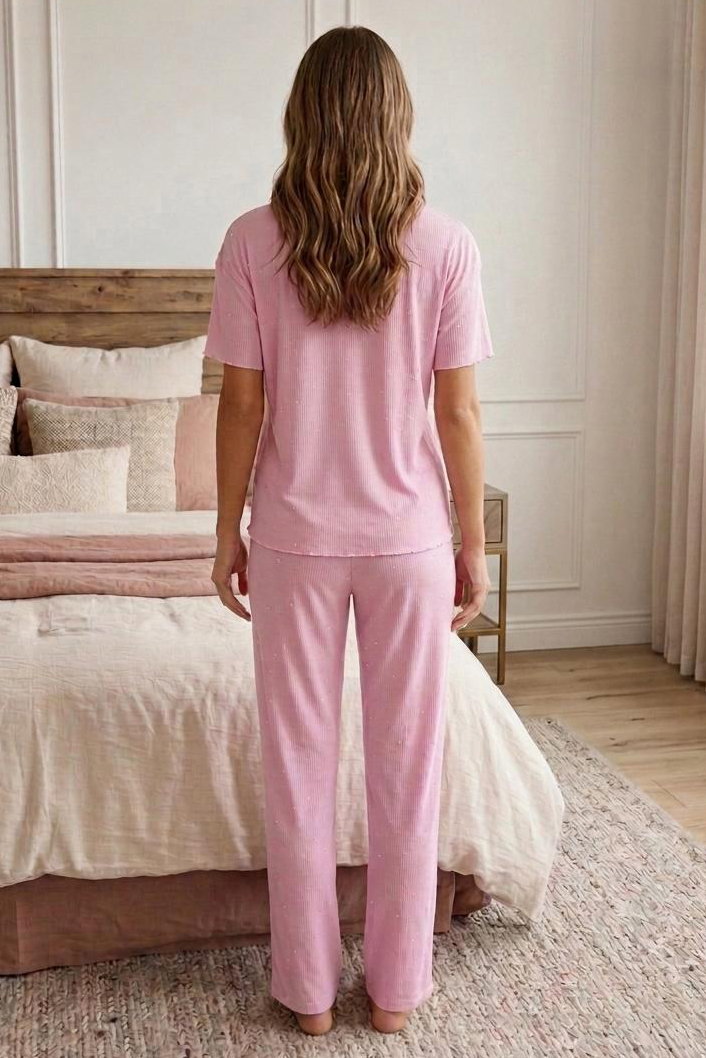 Desenli Fiyonklu Pijama Takımı Pembe - 28802-PEMBE - 2
