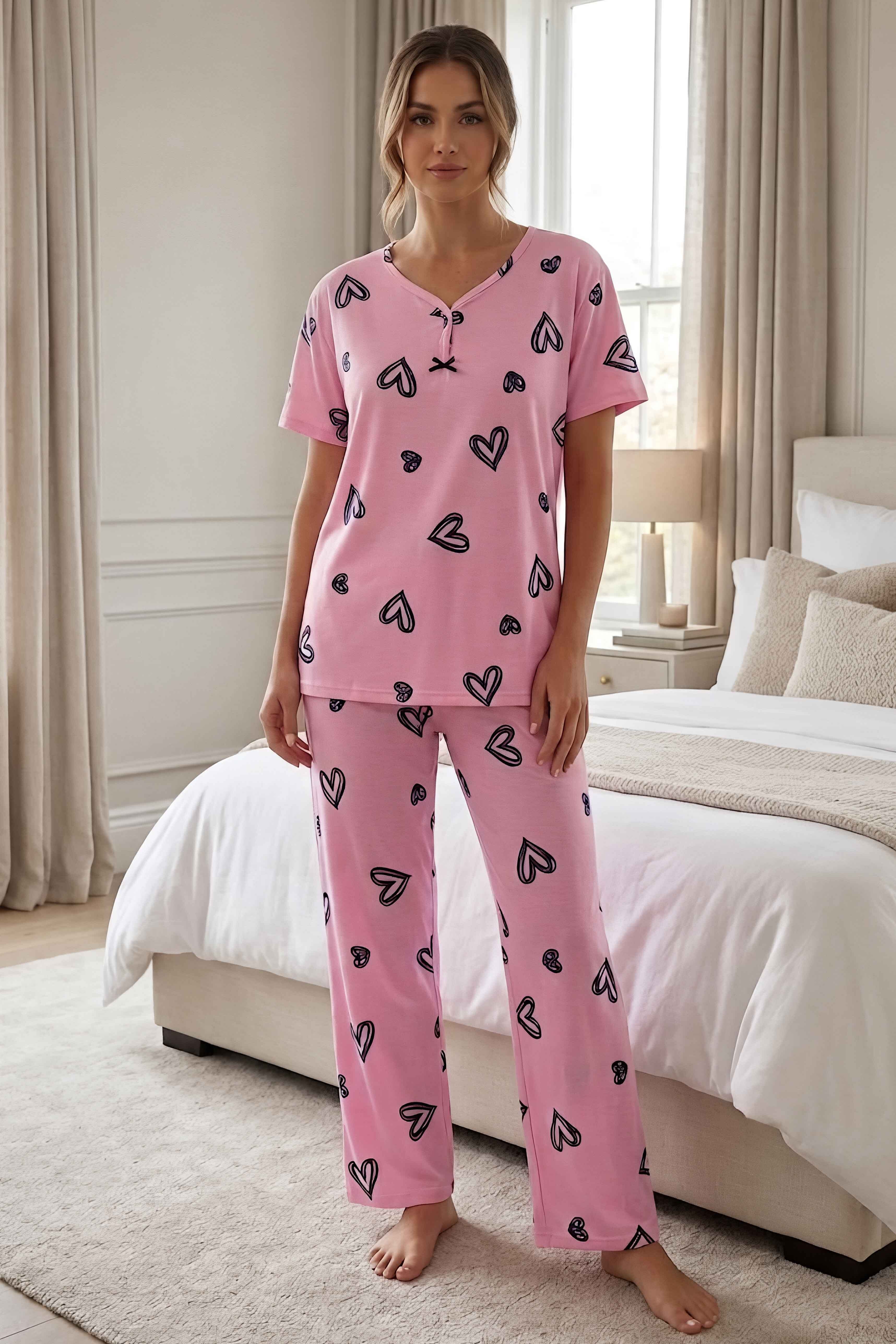 Desenli Fiyonklu Pijama Takımı Pembe - 28805-PEMBE - 1